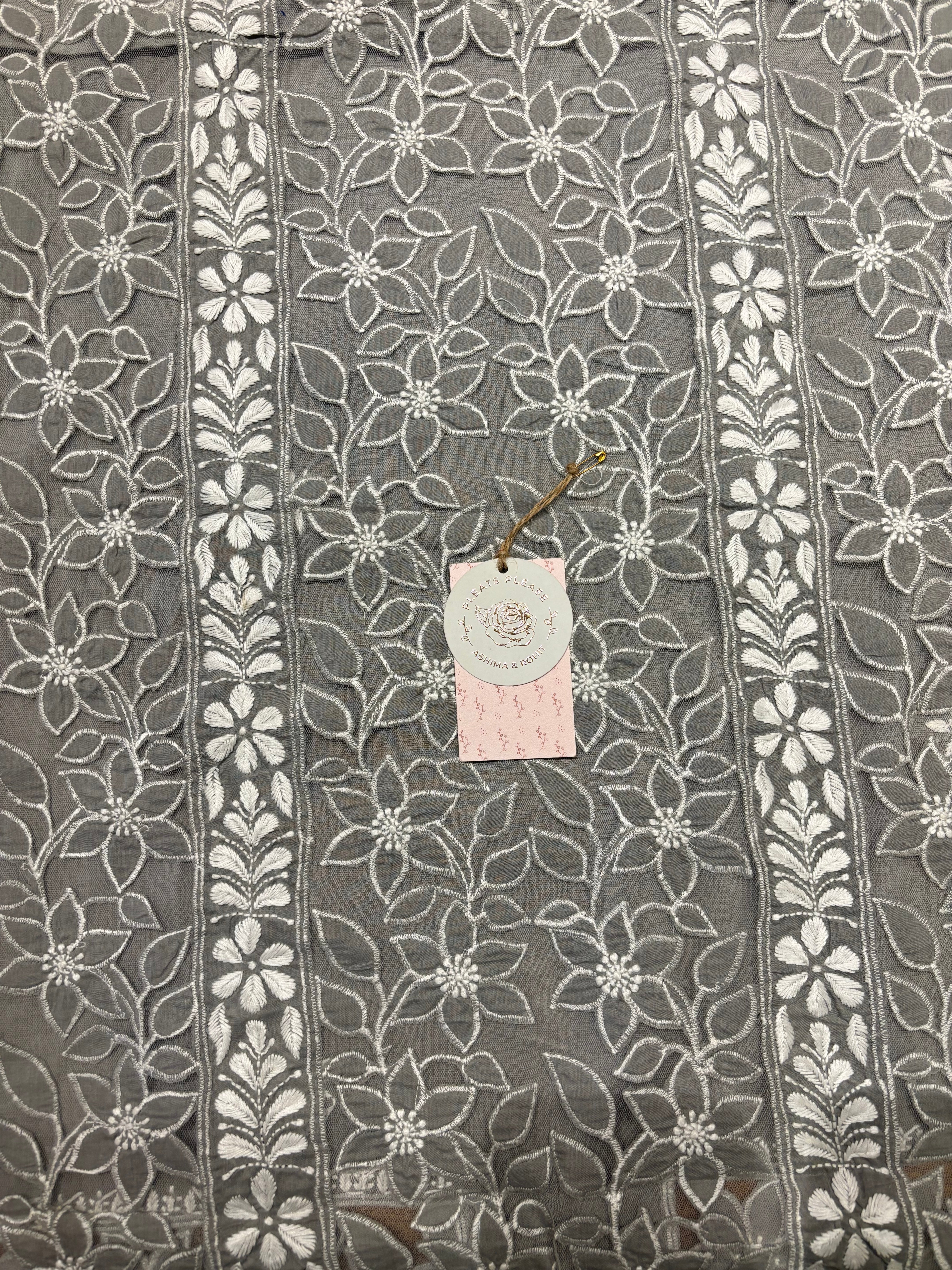 Gray Mul Soft Net Applique Chikankari Kurta and Dupatta Fabric