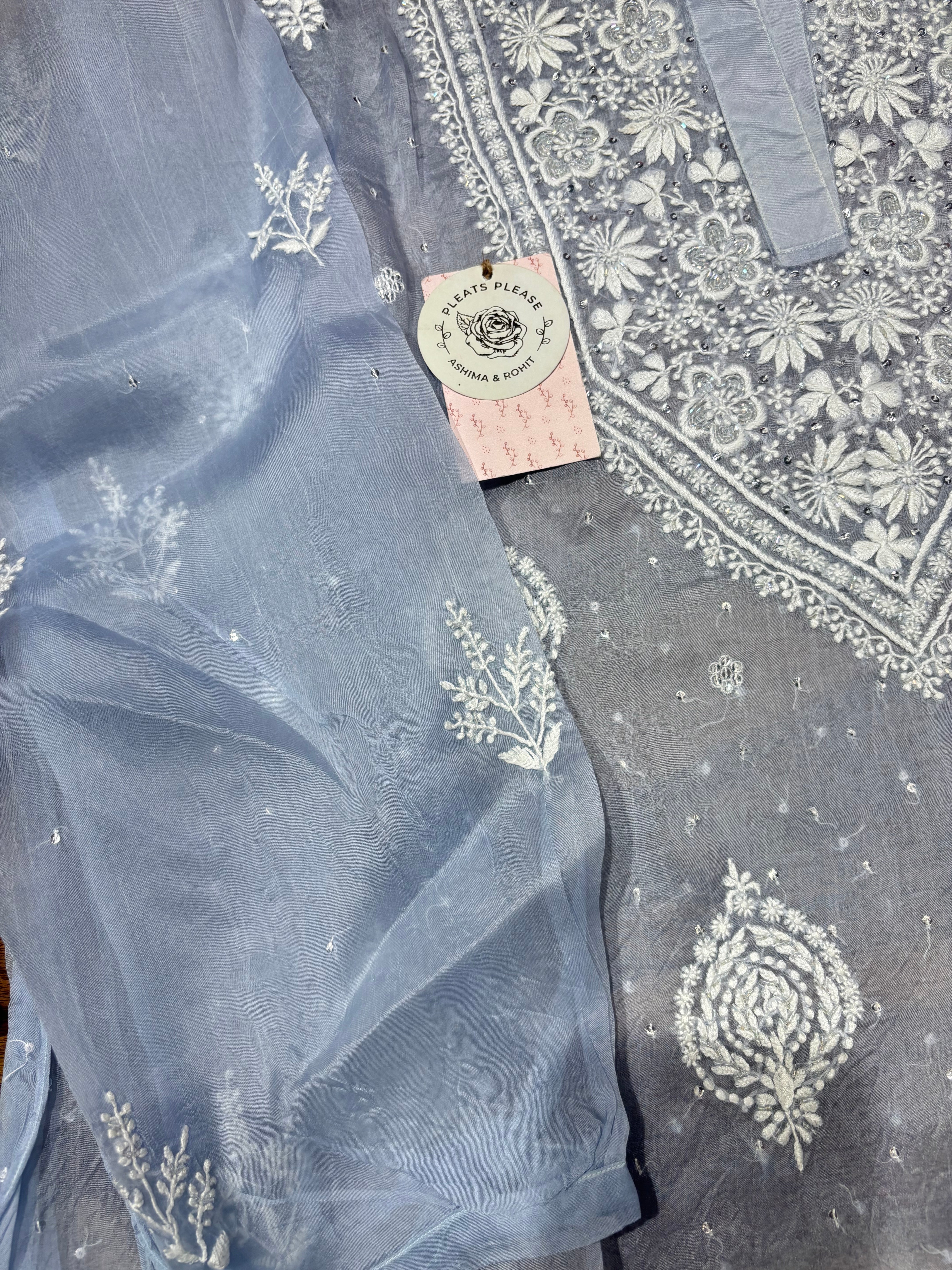 Tealish Blue Pure & Premium Organza Silk Chikankari Co-ord Set