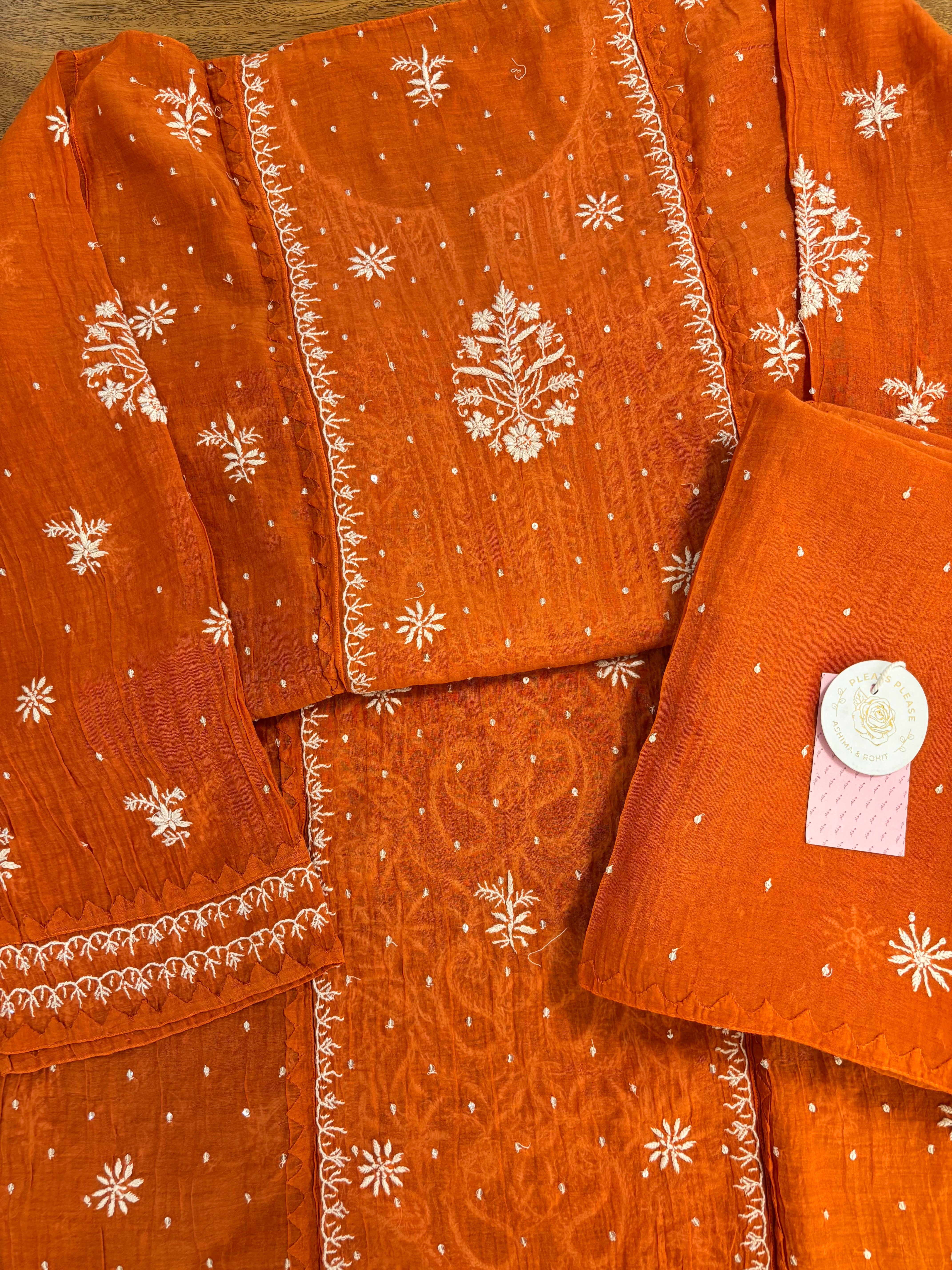 Burnt Orange Chanderi Mul Chikankari Kurta & Dupatta