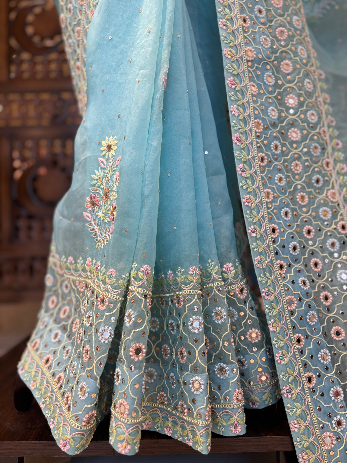 Pastel Blue Organza Mirror Chikankari Saree