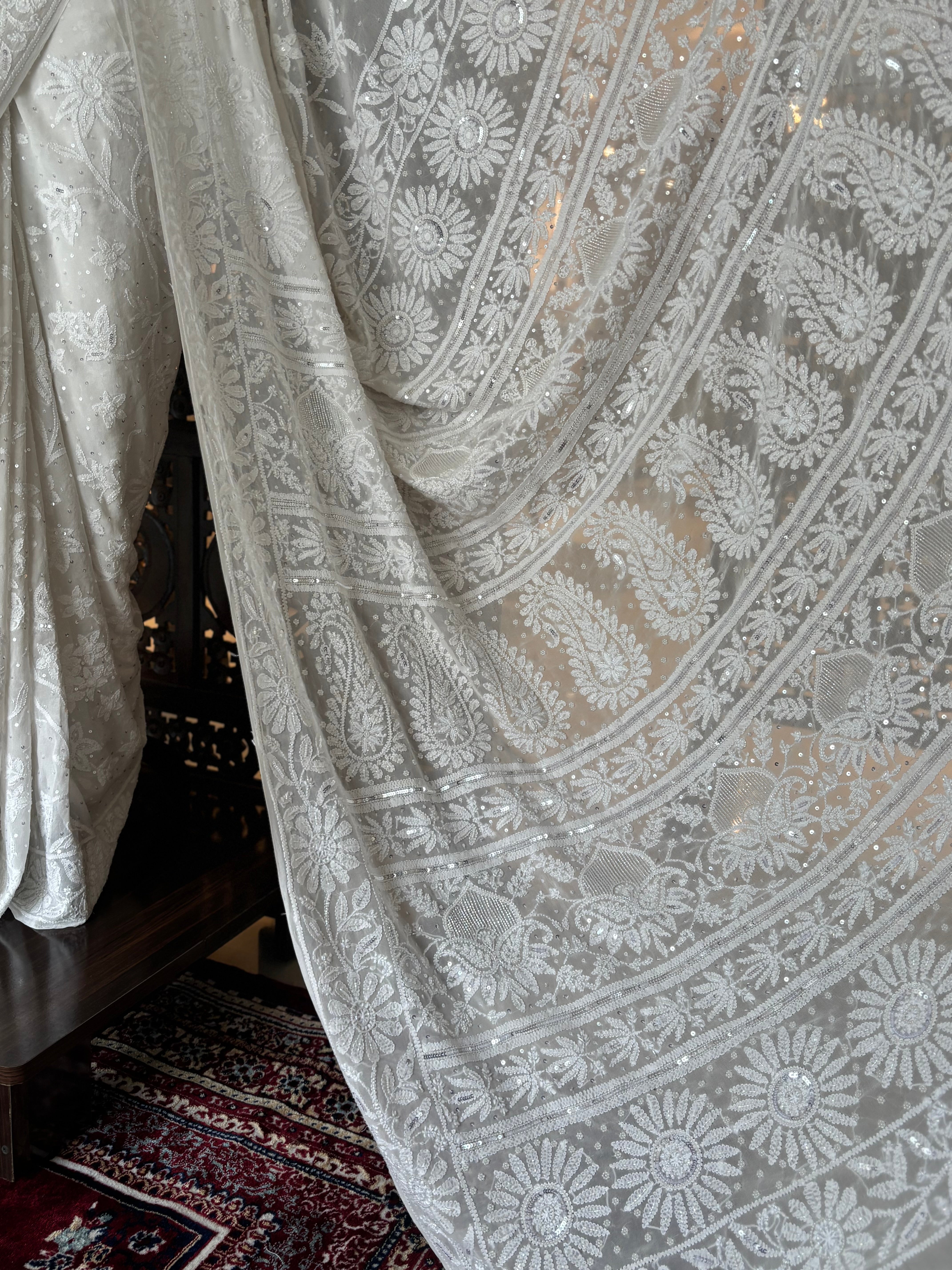 Dyeable Pure & Premium Georgette Chikankari Saree & Blouse - Pleats PleaseChikankari
