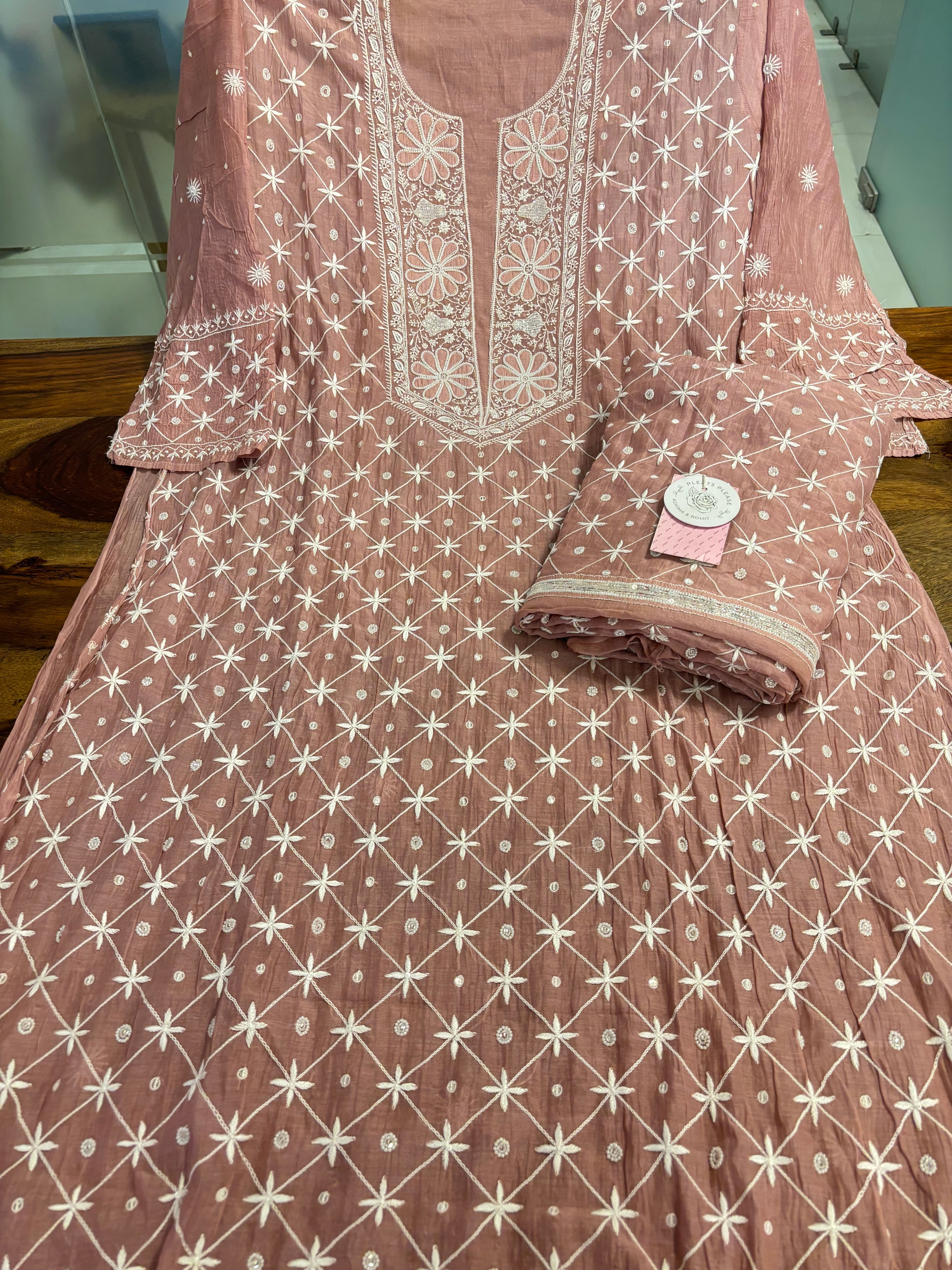 Dusty Peach Chanderi Mul Chikankari Kurta & Heavy Dupatta