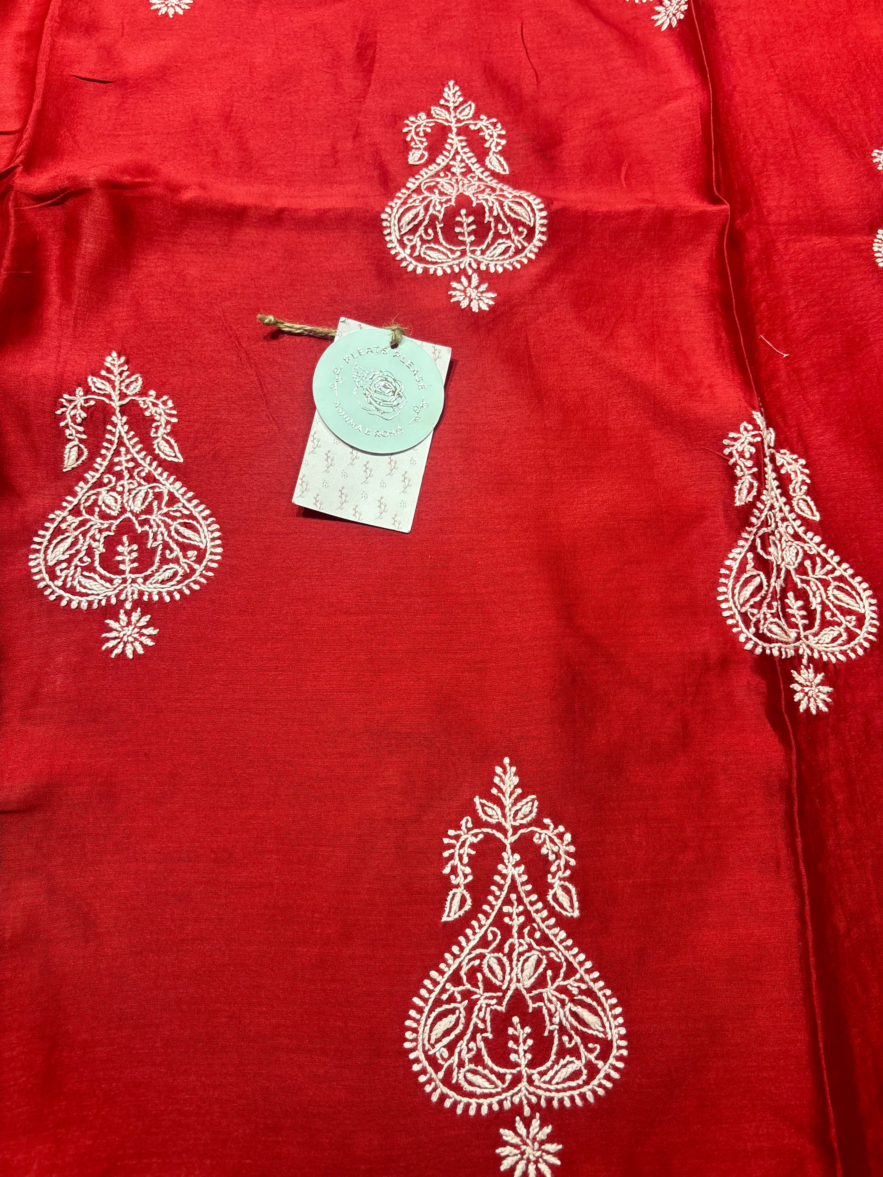 Red Chanderi Silk Chikankari Kaftan