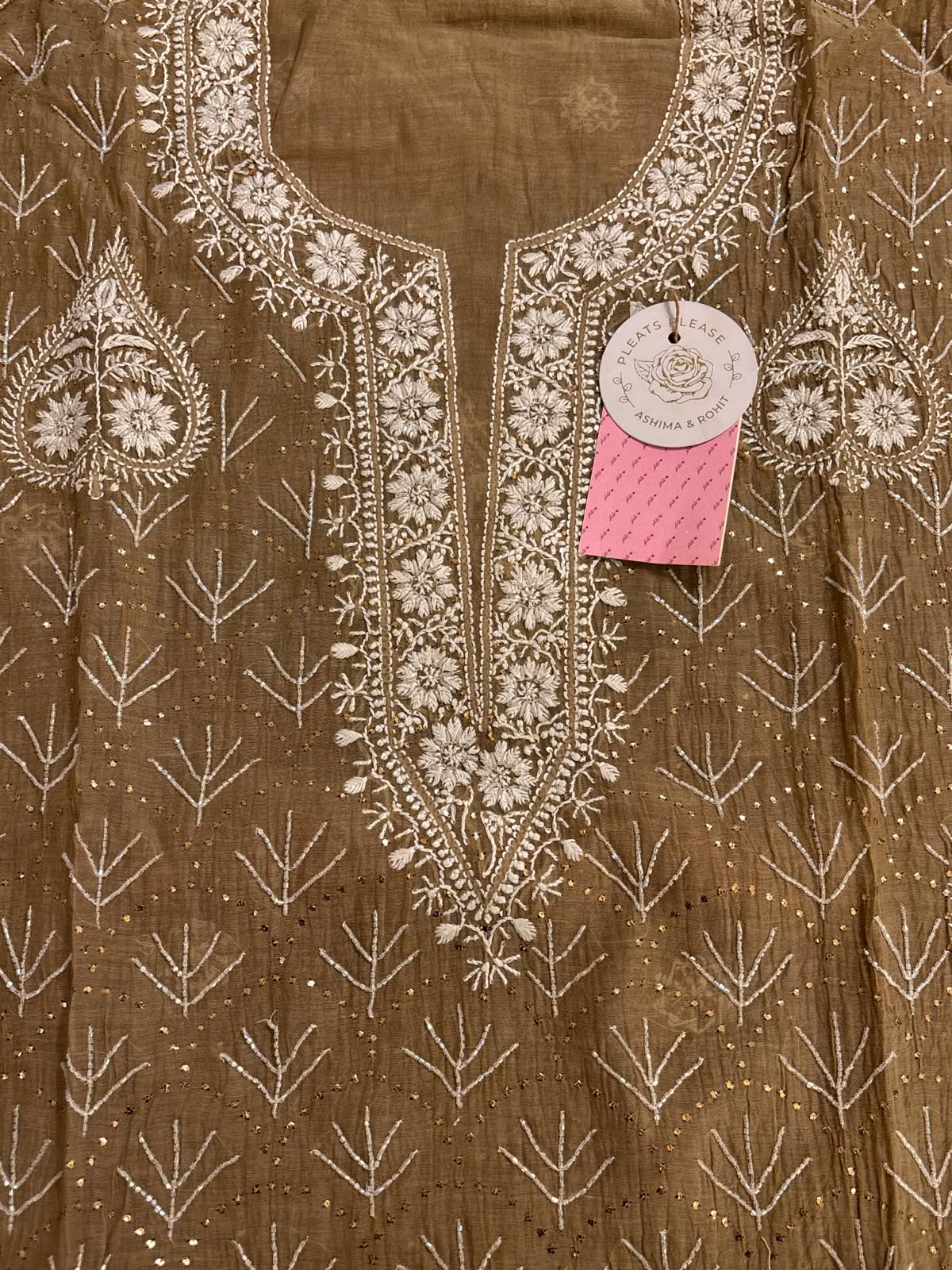 Camel Brown Chanderi Chikankari Mukaish Kurta & Dupatta