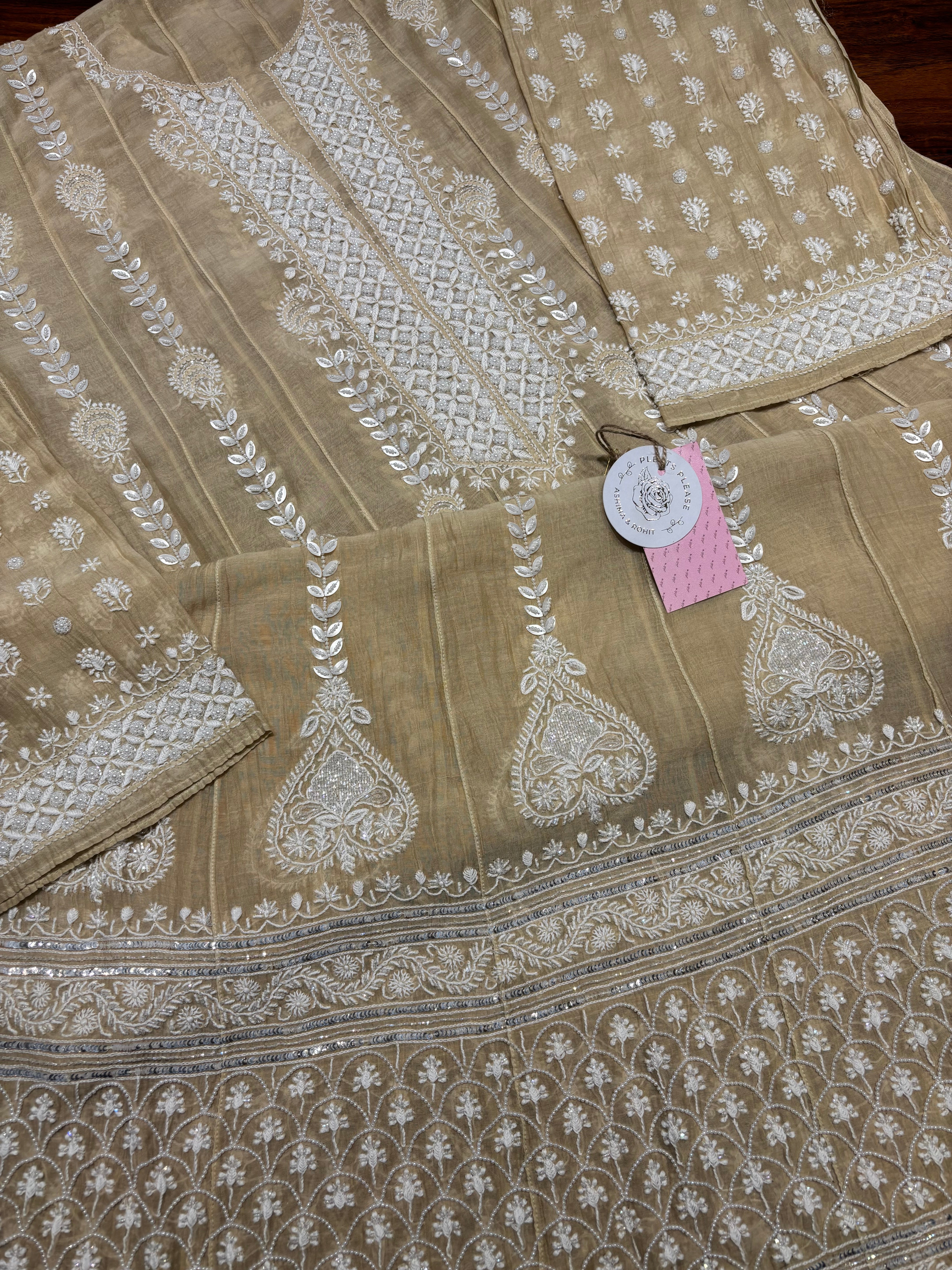 Coffee Cream Chanderi Mul Chikankari Anarkali and Dupatta Set