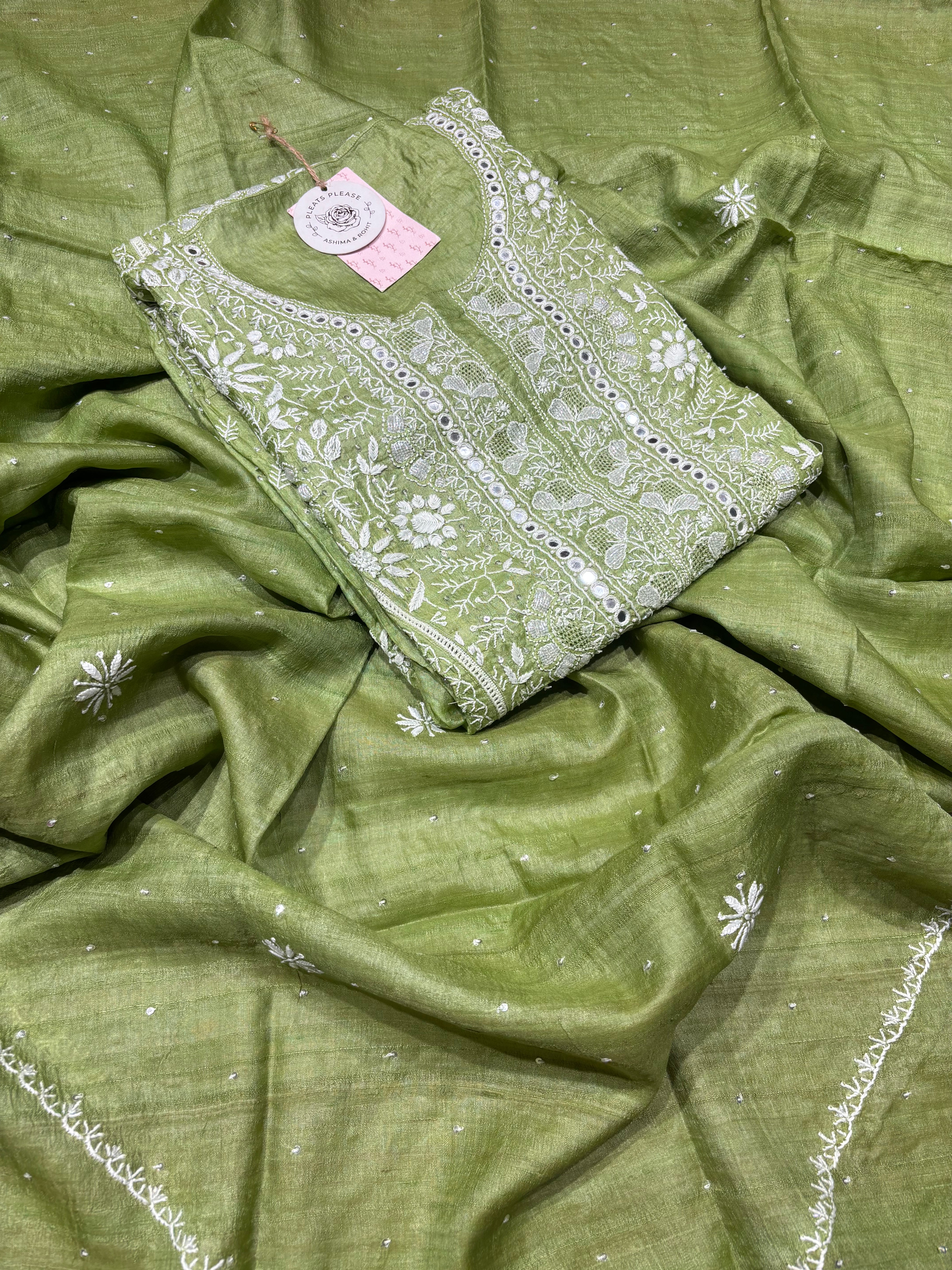 Green Tussar Silk Chikankari Kurta And Dupatta Set