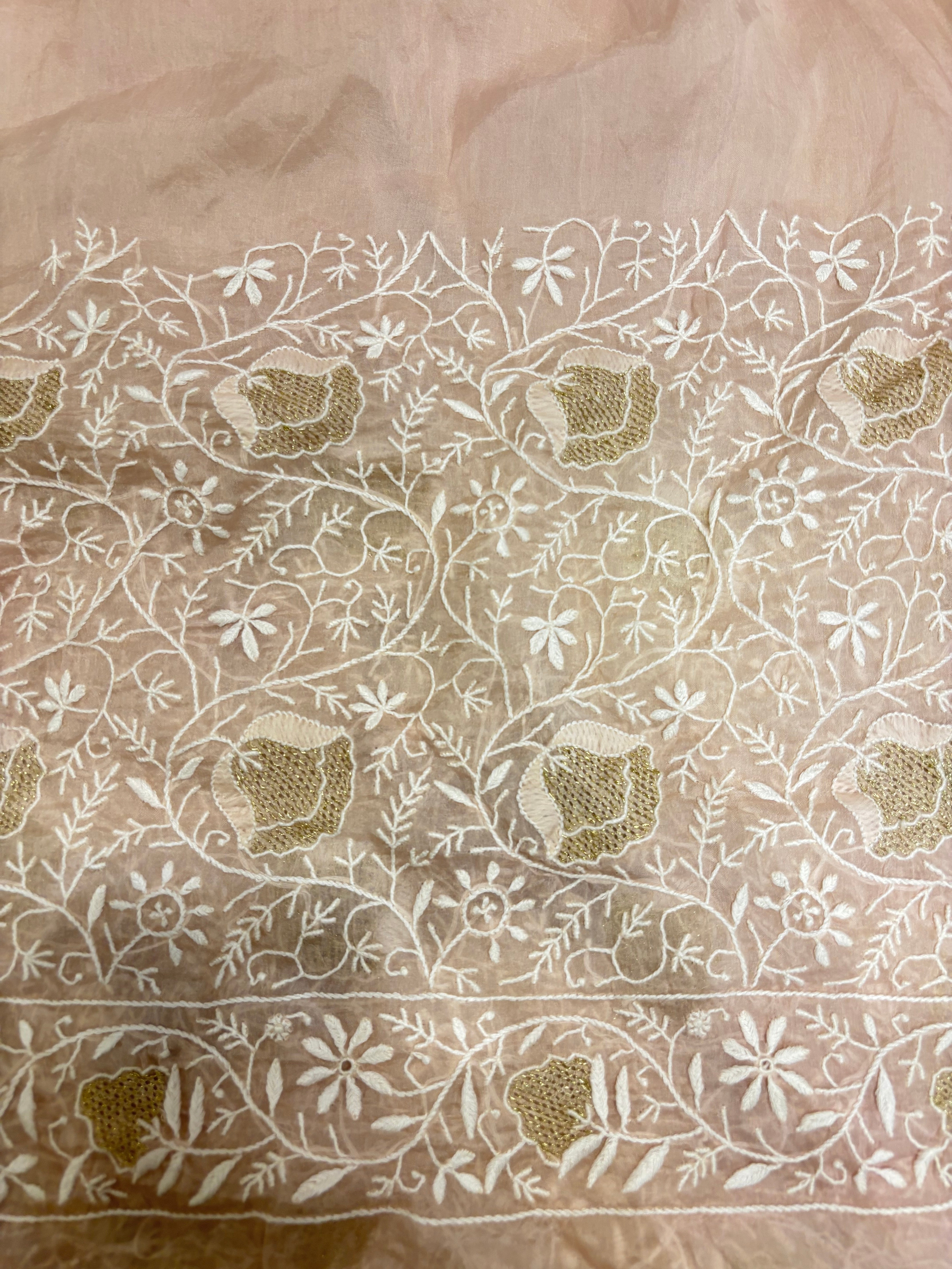 Barely Pink Organza Silk  Only Chikankari Saree and Blouse