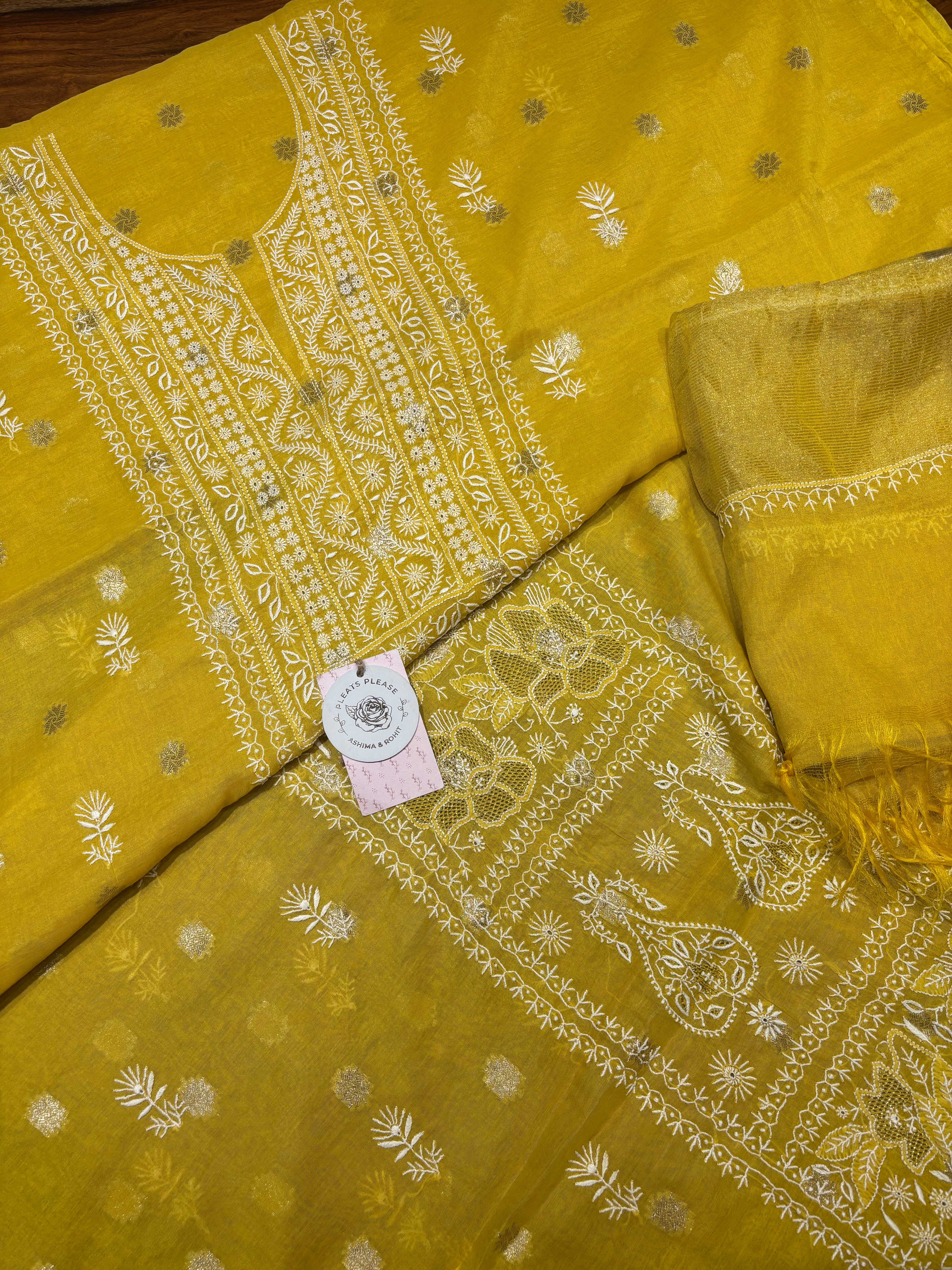 Yellow Chanderi Silk Chikankari Kurta & Dupatta Fabric