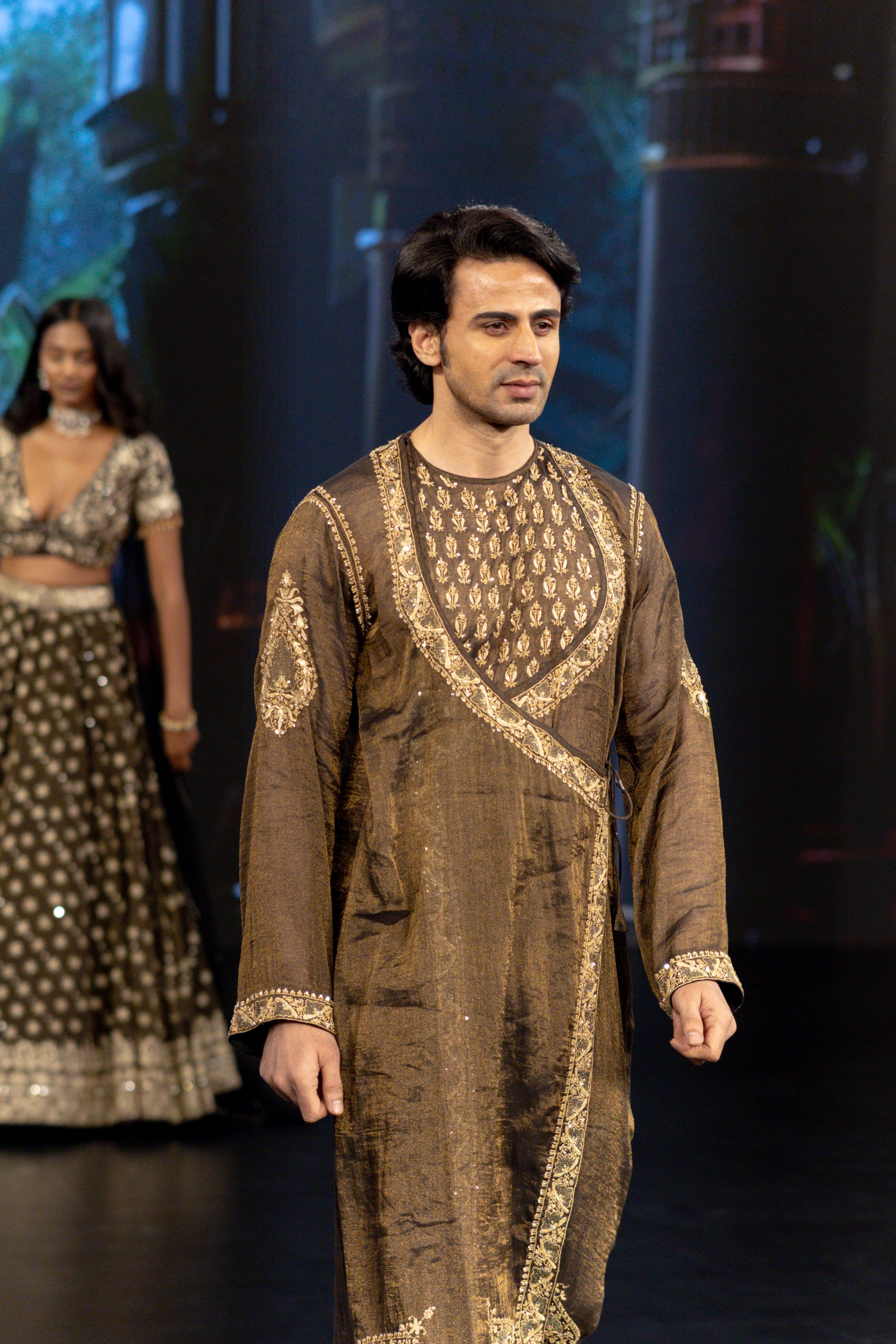 Black Pure And Premium Tissue Chikankari Men's Angrakha
