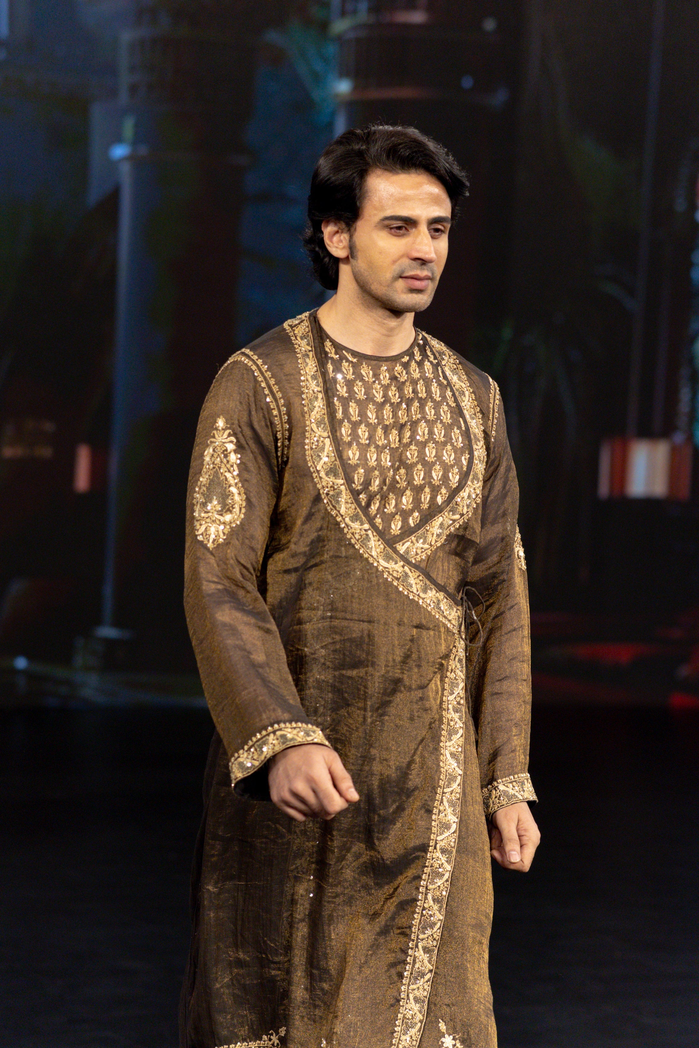 Black Pure And Premium Tissue Chikankari Men's Angrakha
