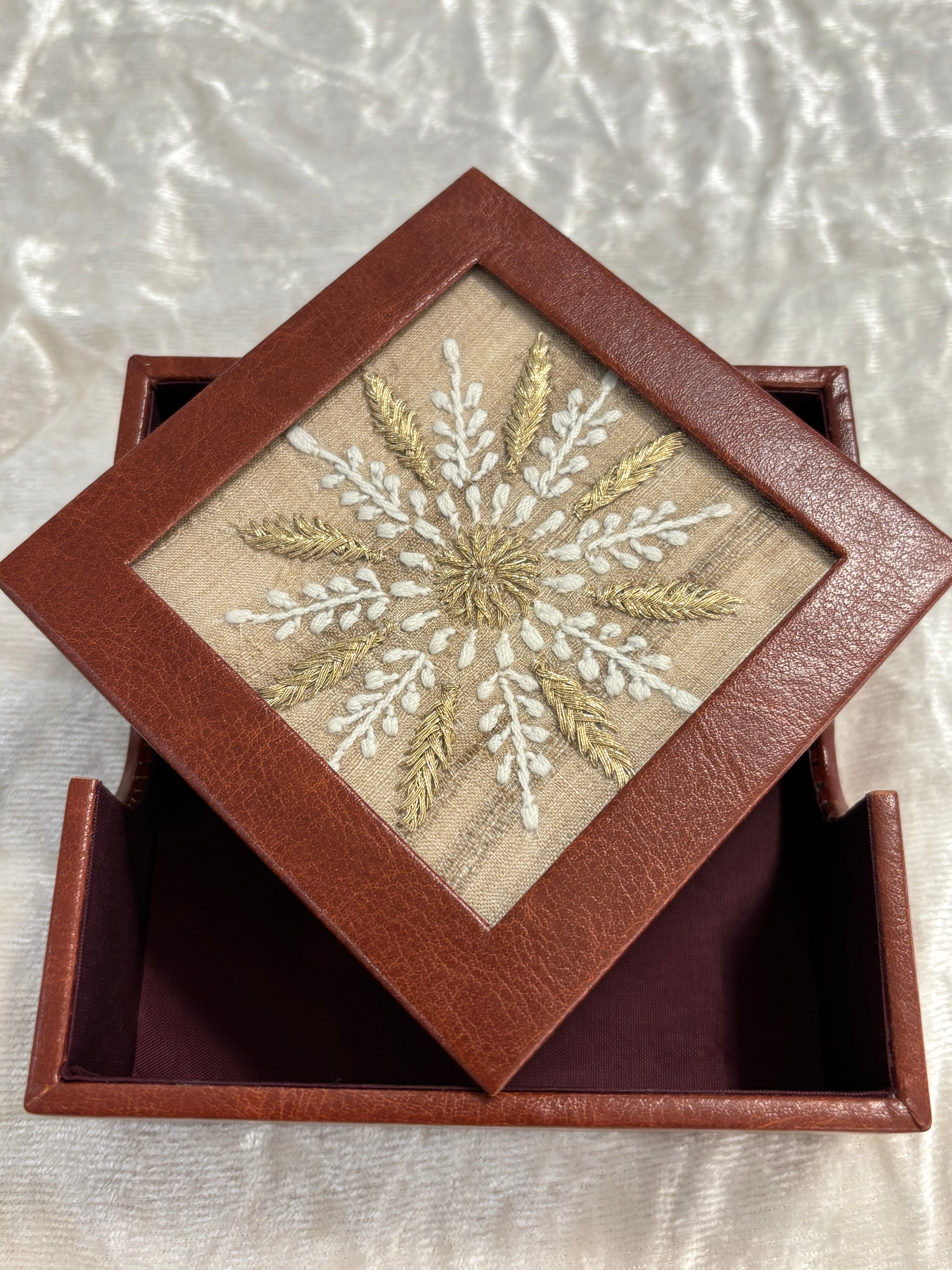 Leather Frame Chikankari Tea-Coaster 6-Piece Set
