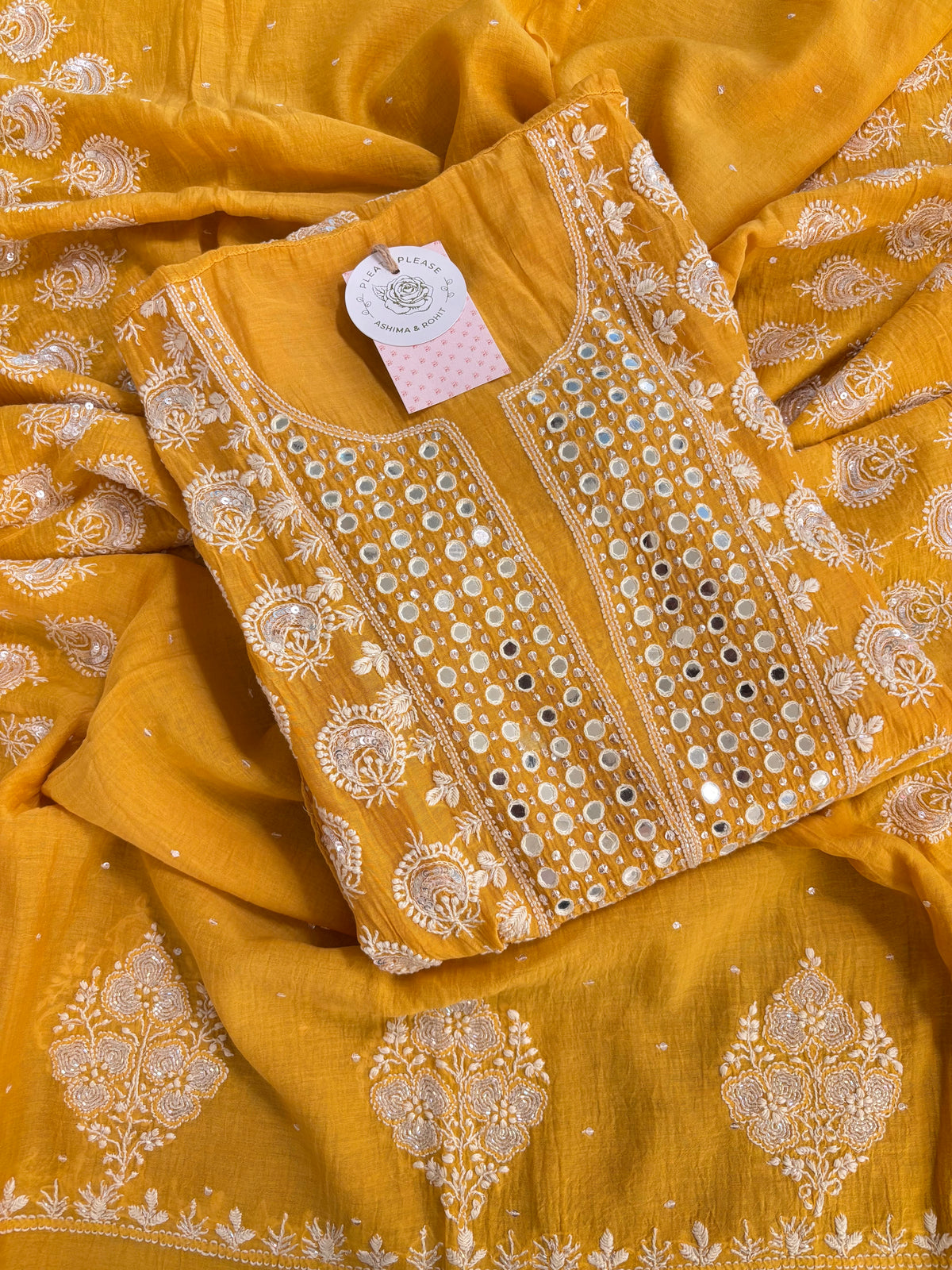 Mustard Yellow Chanderi Mul Chikankari Kurta & Dupatta