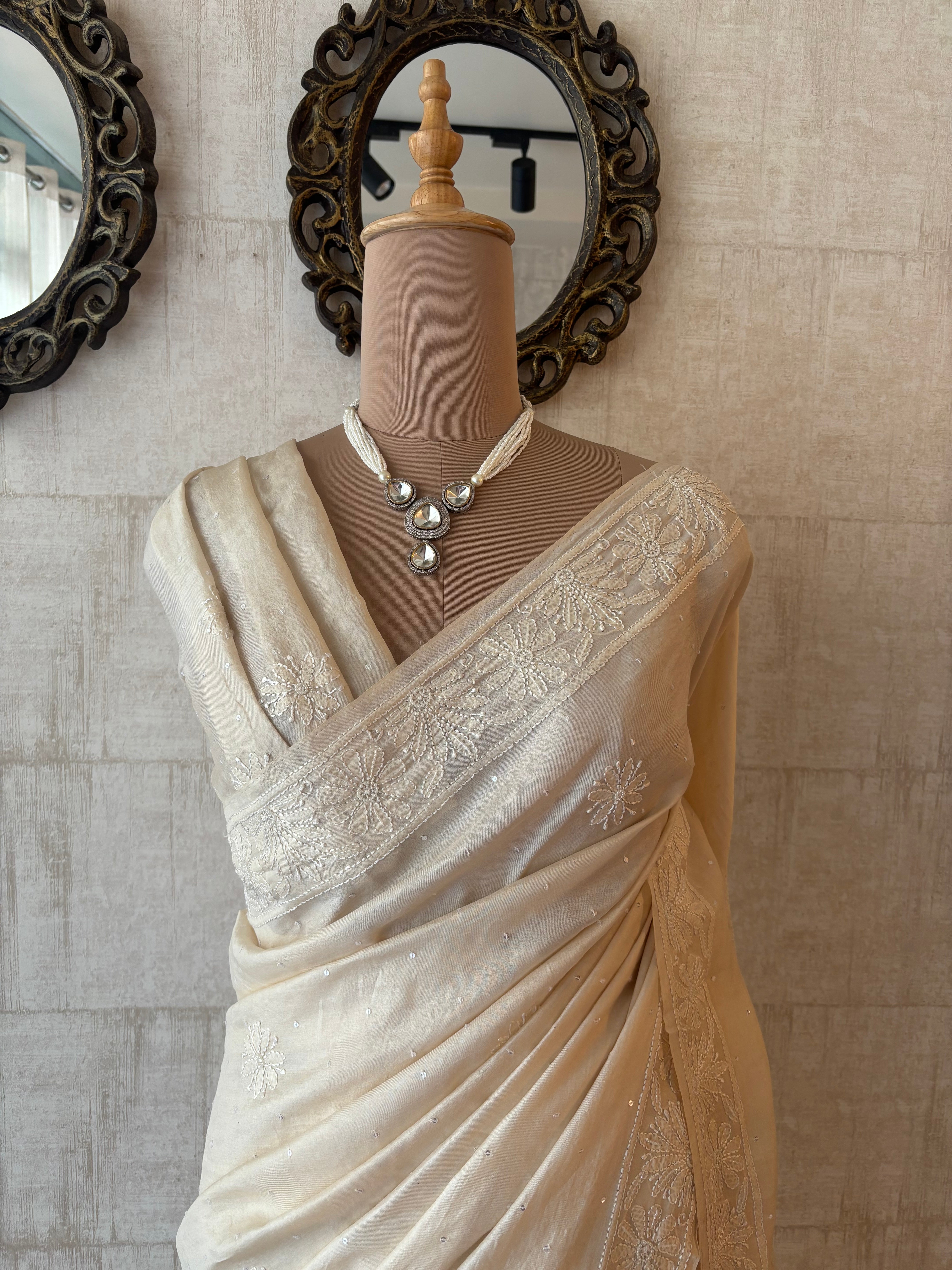 Dyeable Pure and Premium Tussar Silk Chikankari  Saree and Blouse