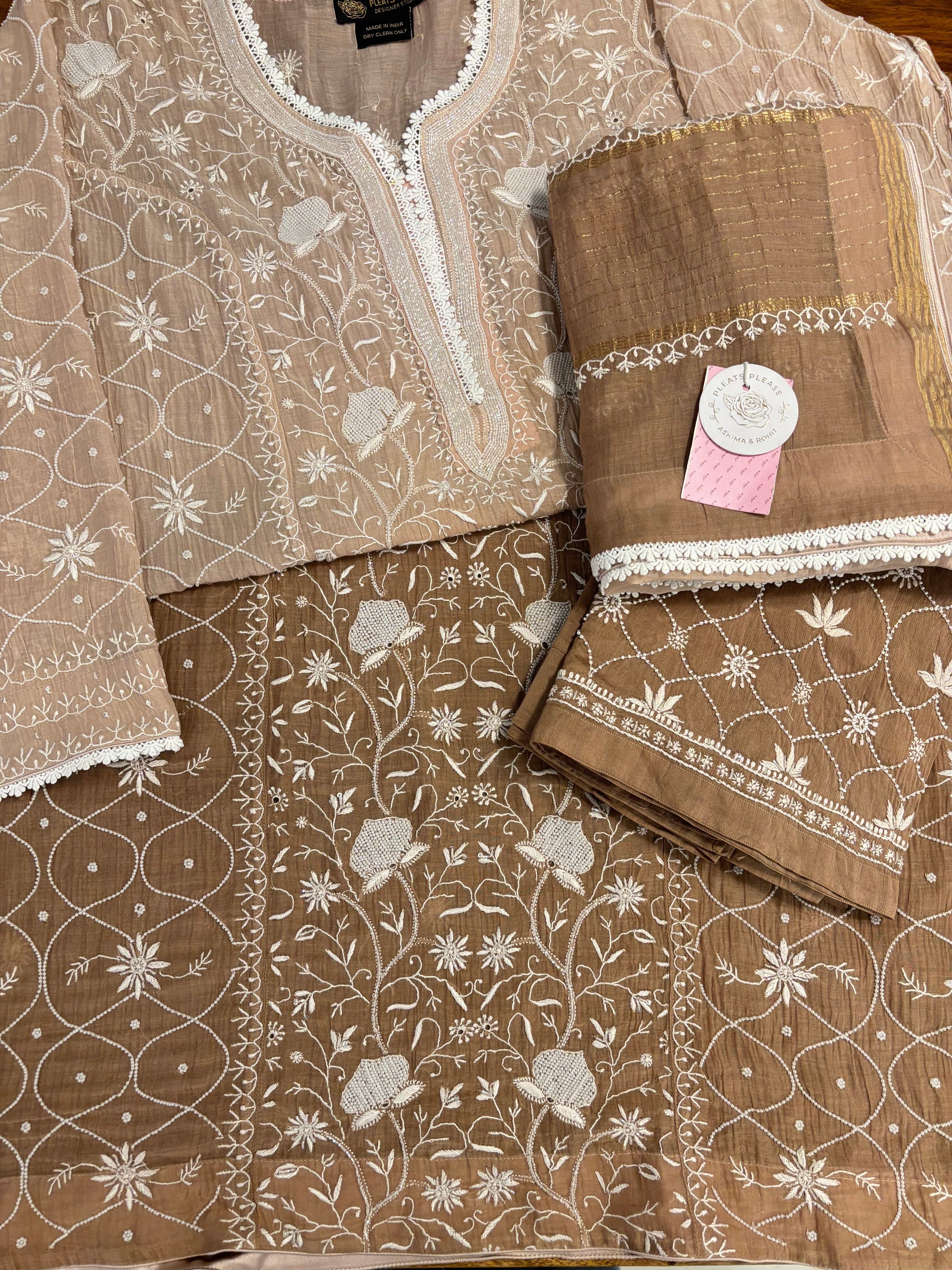 Mocha Brown Ombré Chanderi Mul Chikankari Kurta & Dupatta With Bottom - Pleats PleaseChikankari