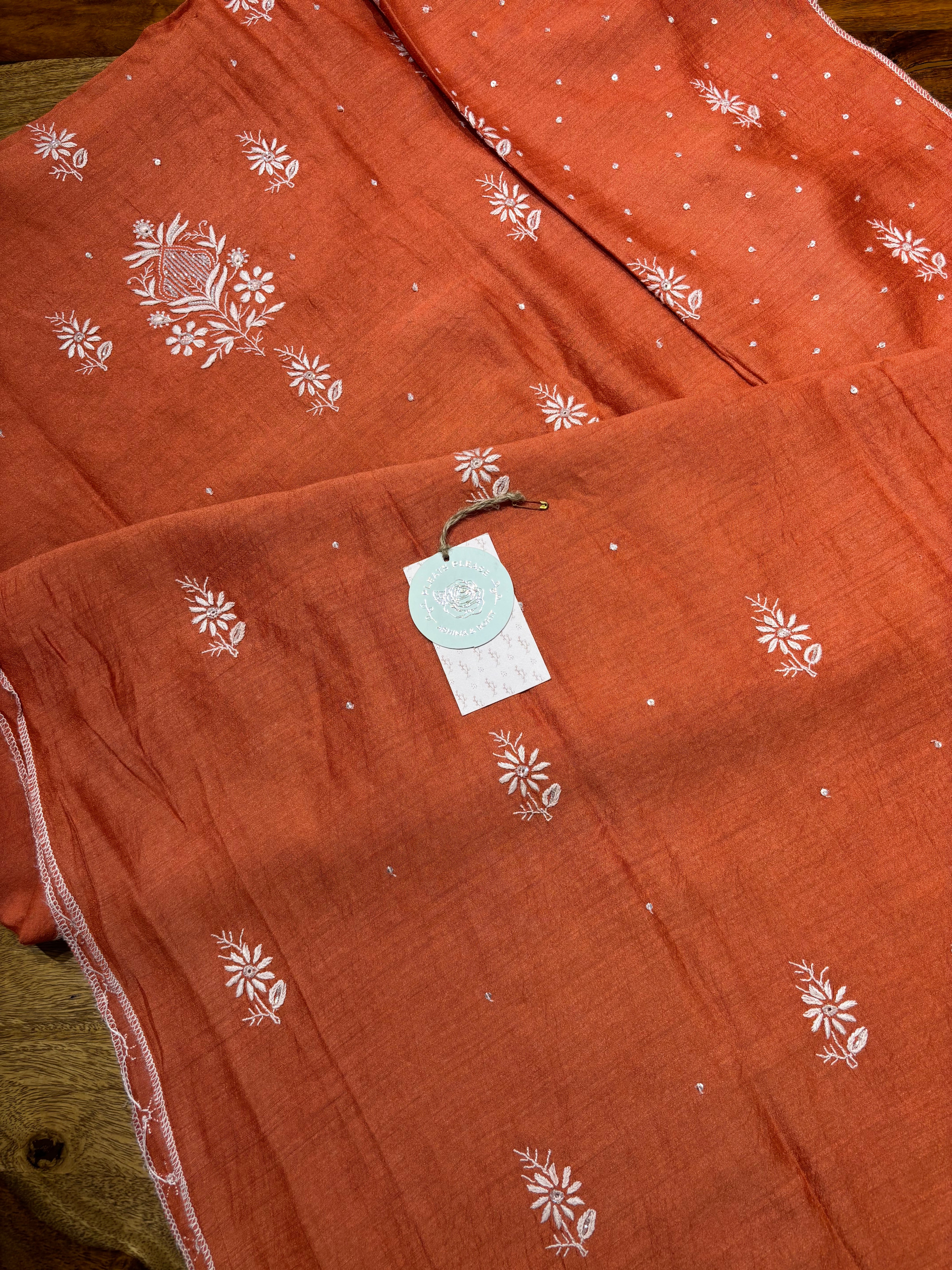 Outrageous Orange  Monga silk Chikankari Kurta and Dupatta set
