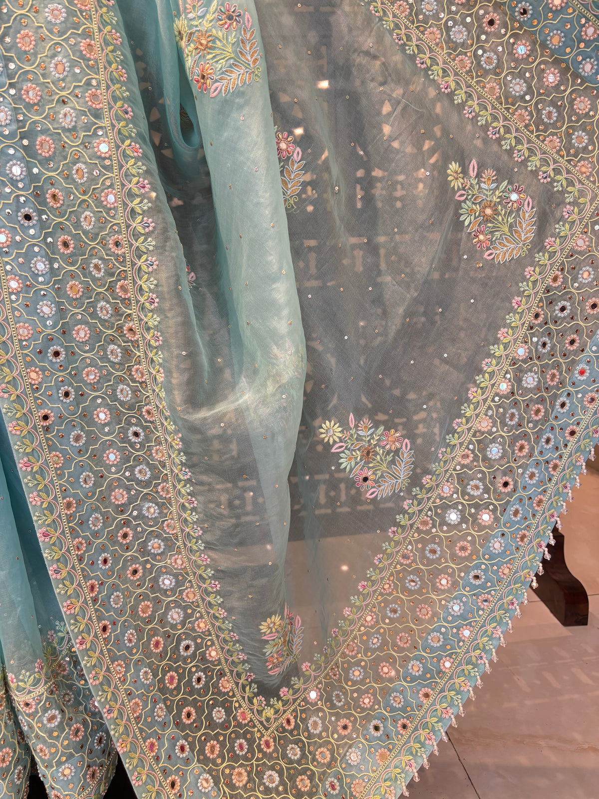 Pastel Blue Organza Mirror Chikankari Saree