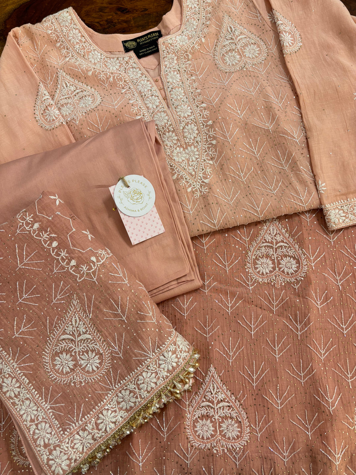 Peach Ombré Chanderi Mul Chikankari Mukaish Kurta, Dupatta & Bottom