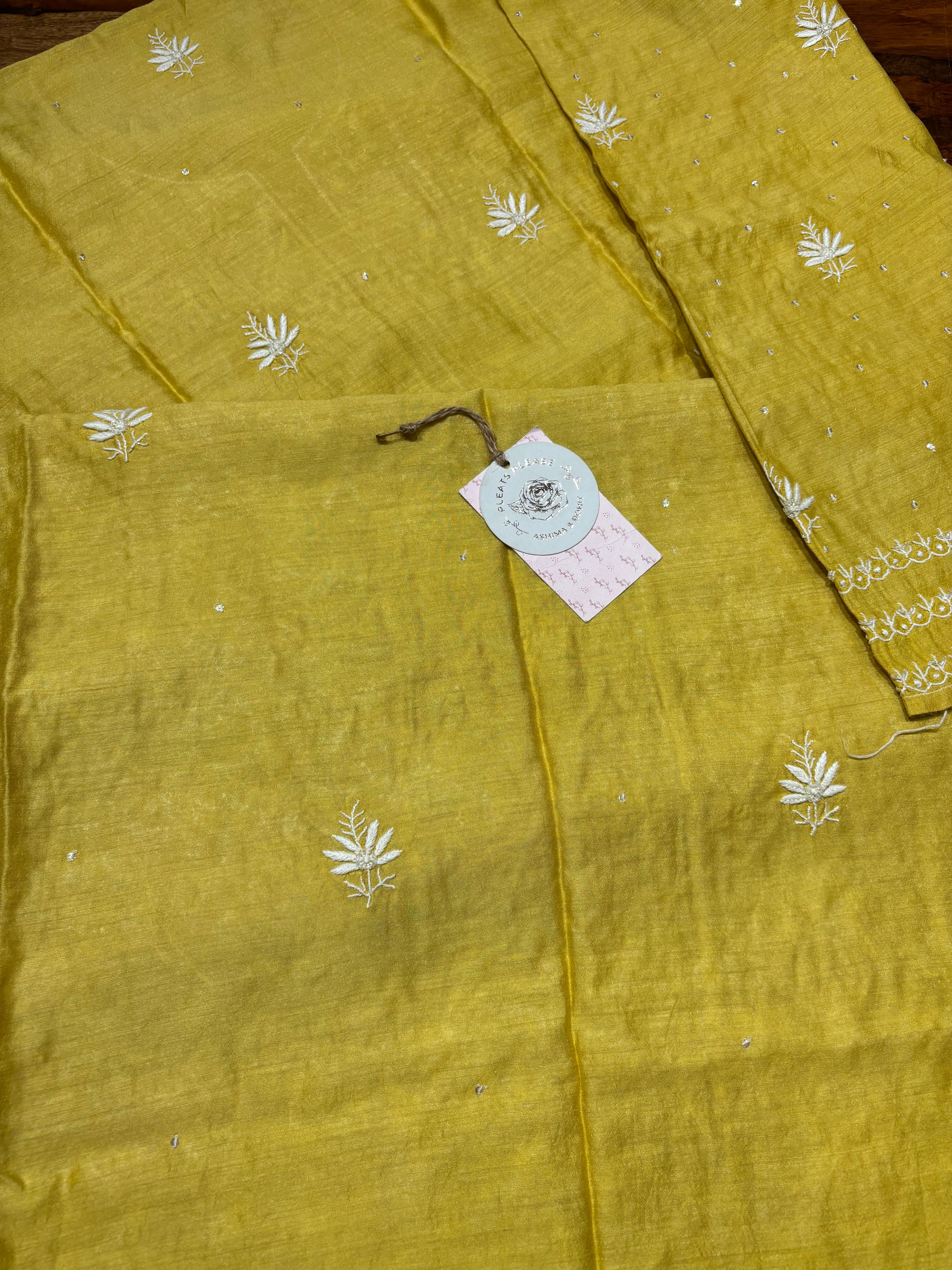 Yellow Monga Silk Chikankari Kurta and Dupatta set