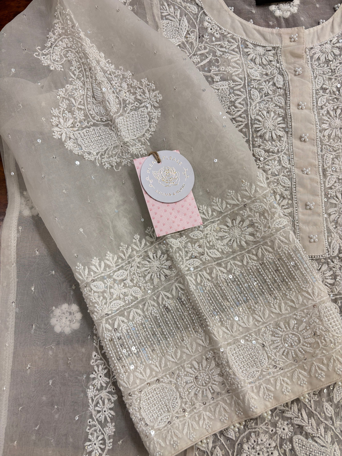 Dyeable Pure Organza Chikankari Kurta, Dupatta With Bottom