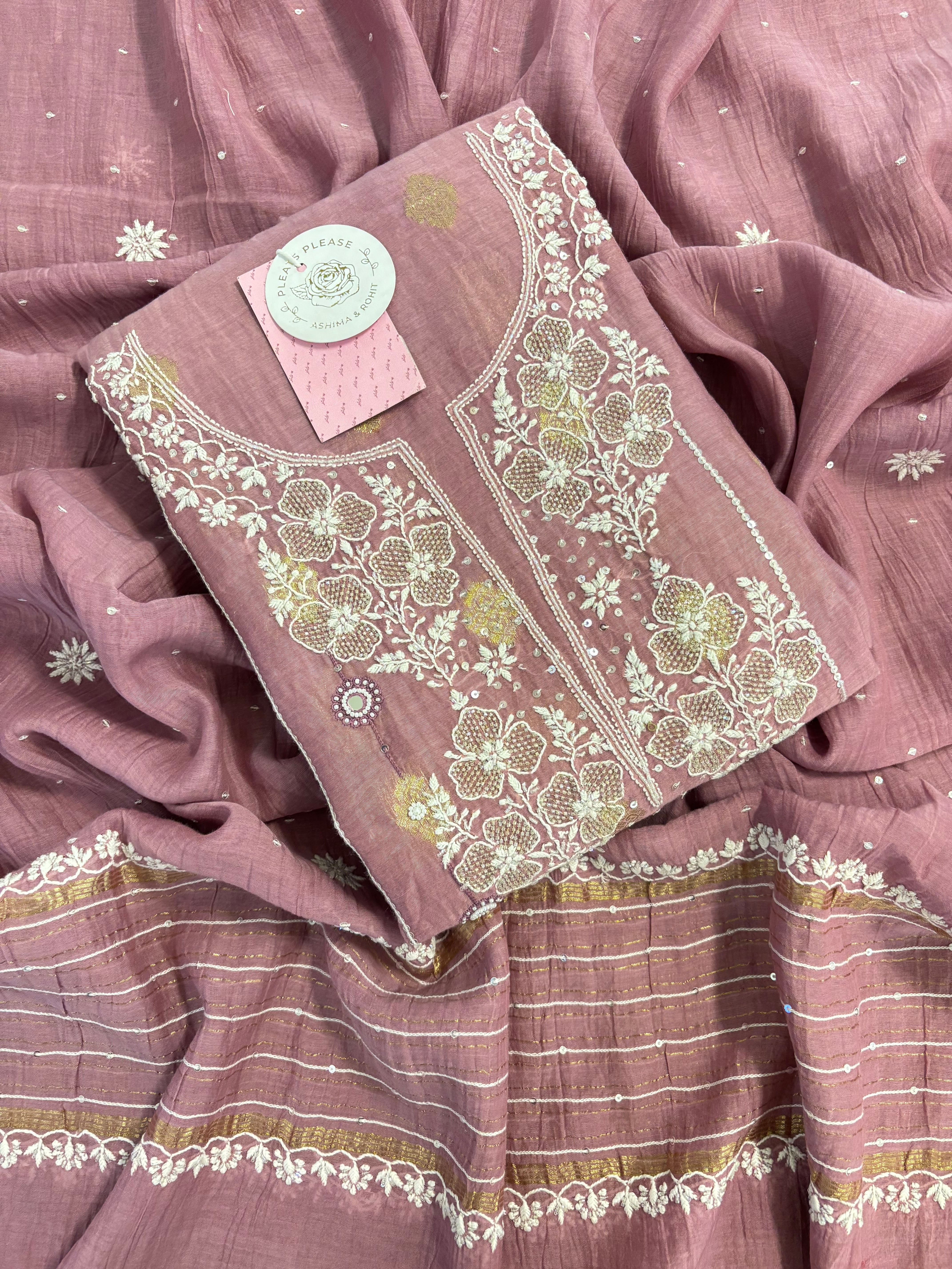 Mauve Plum Chanderi Banarasi Silk Chikankari Kurta & Dupatta