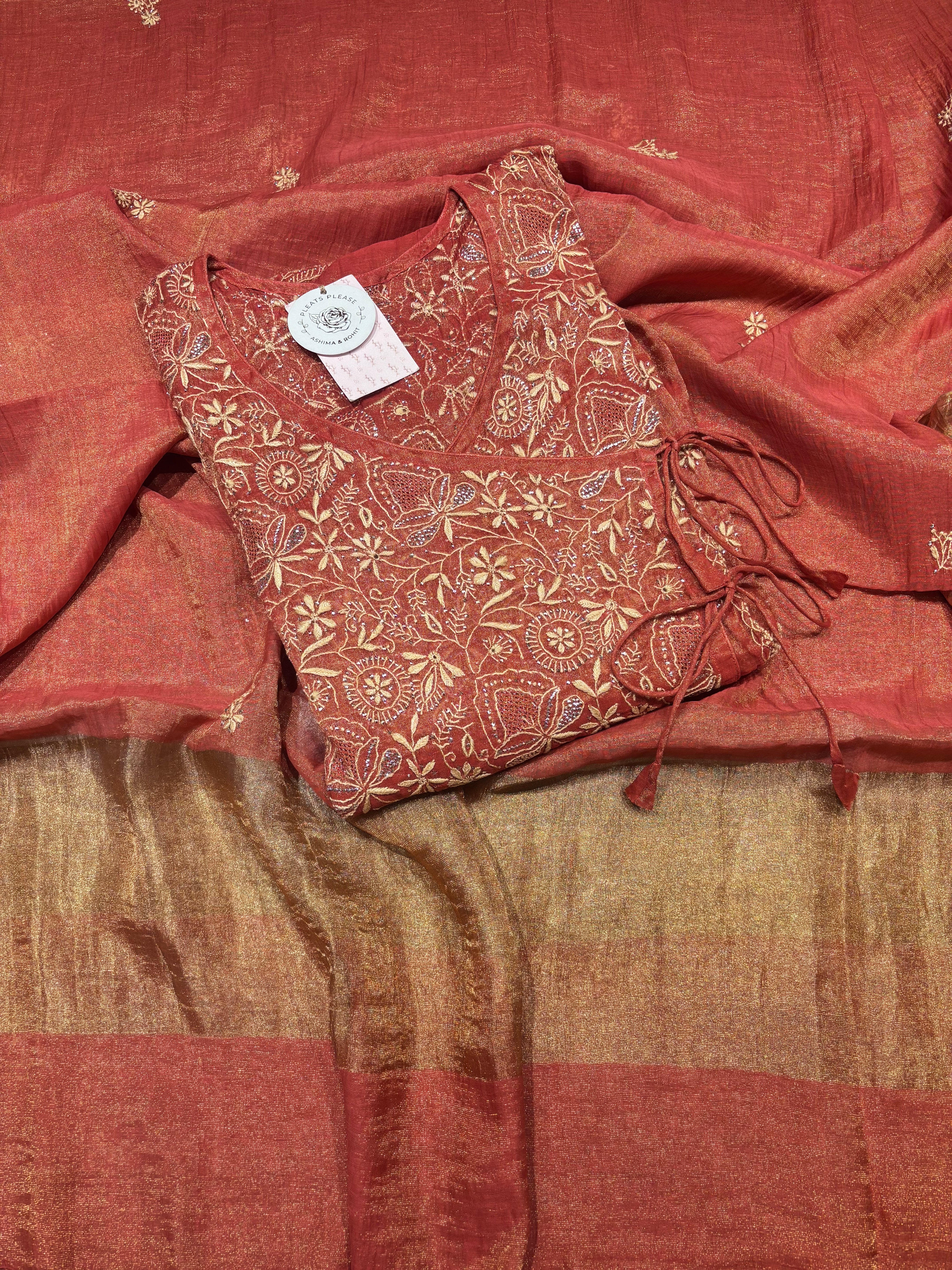 Burnt Orange Pure & Premium Tissue Angrakha Kurta & Dupatta Set