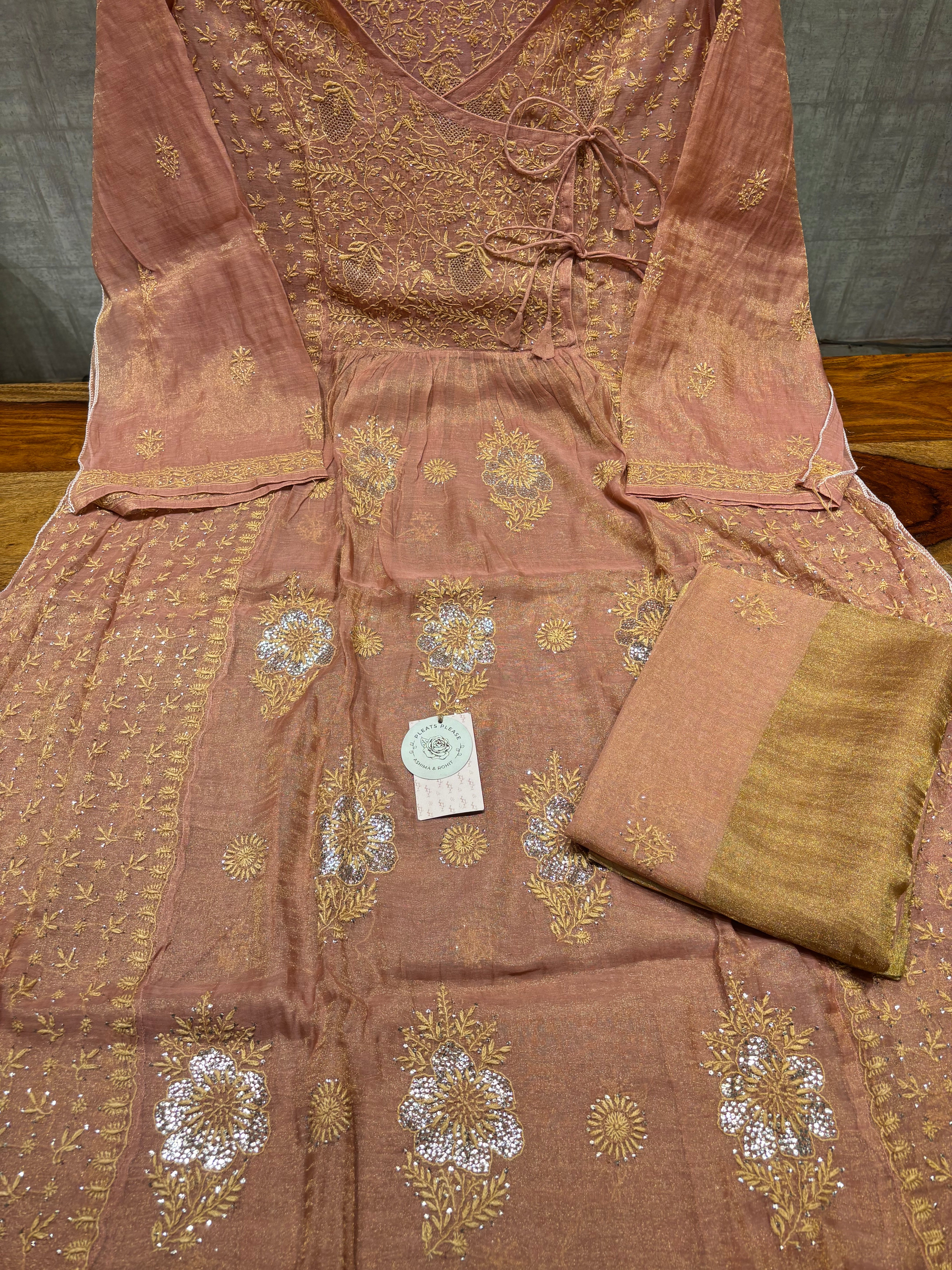 Rose Gold pure & Premium Tissue Chikankari & Mukaish Angrakha Kurta and Dupatta Set