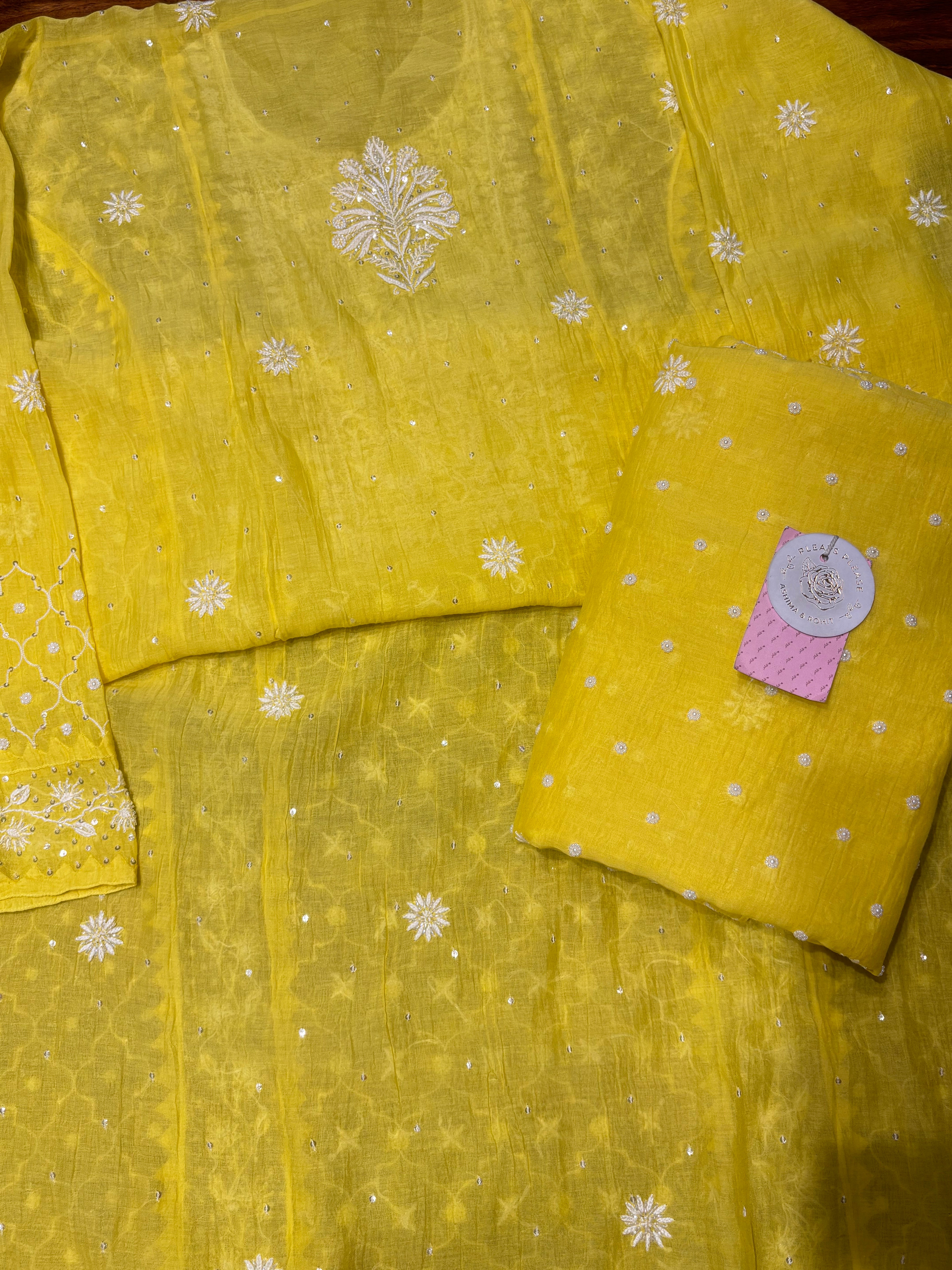 Lemon Yellow Pure Chanderi Chikankari Kurta & Dupatta