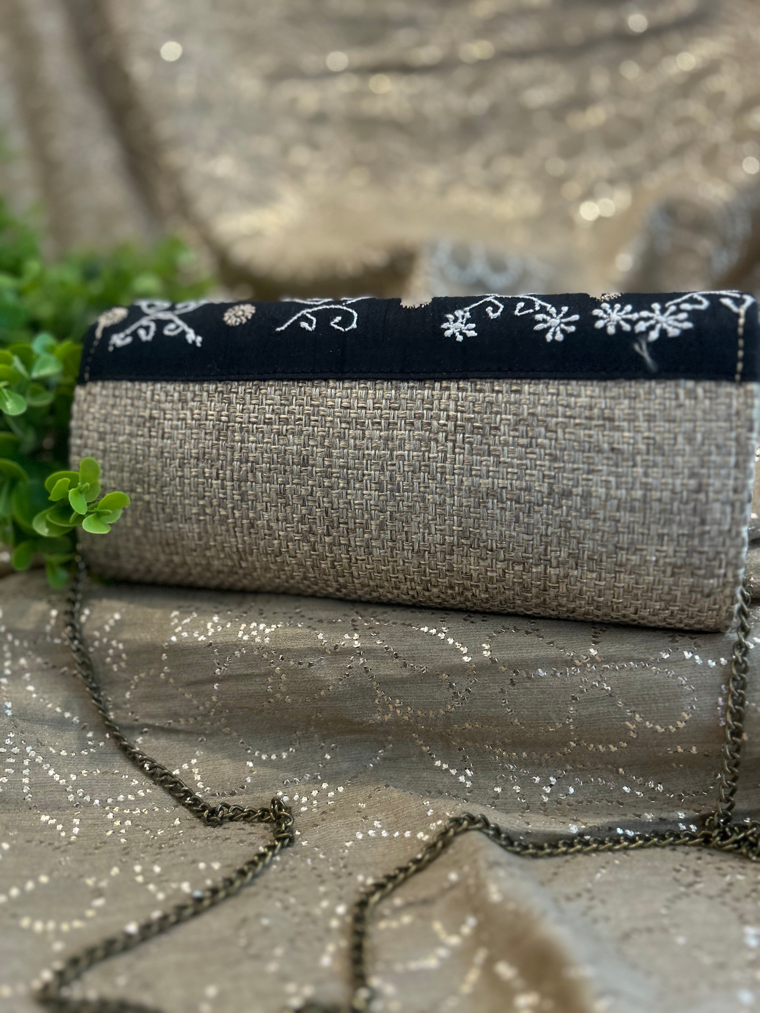 Black Chikankari Jute Clutch - Pleats PleaseChikankari