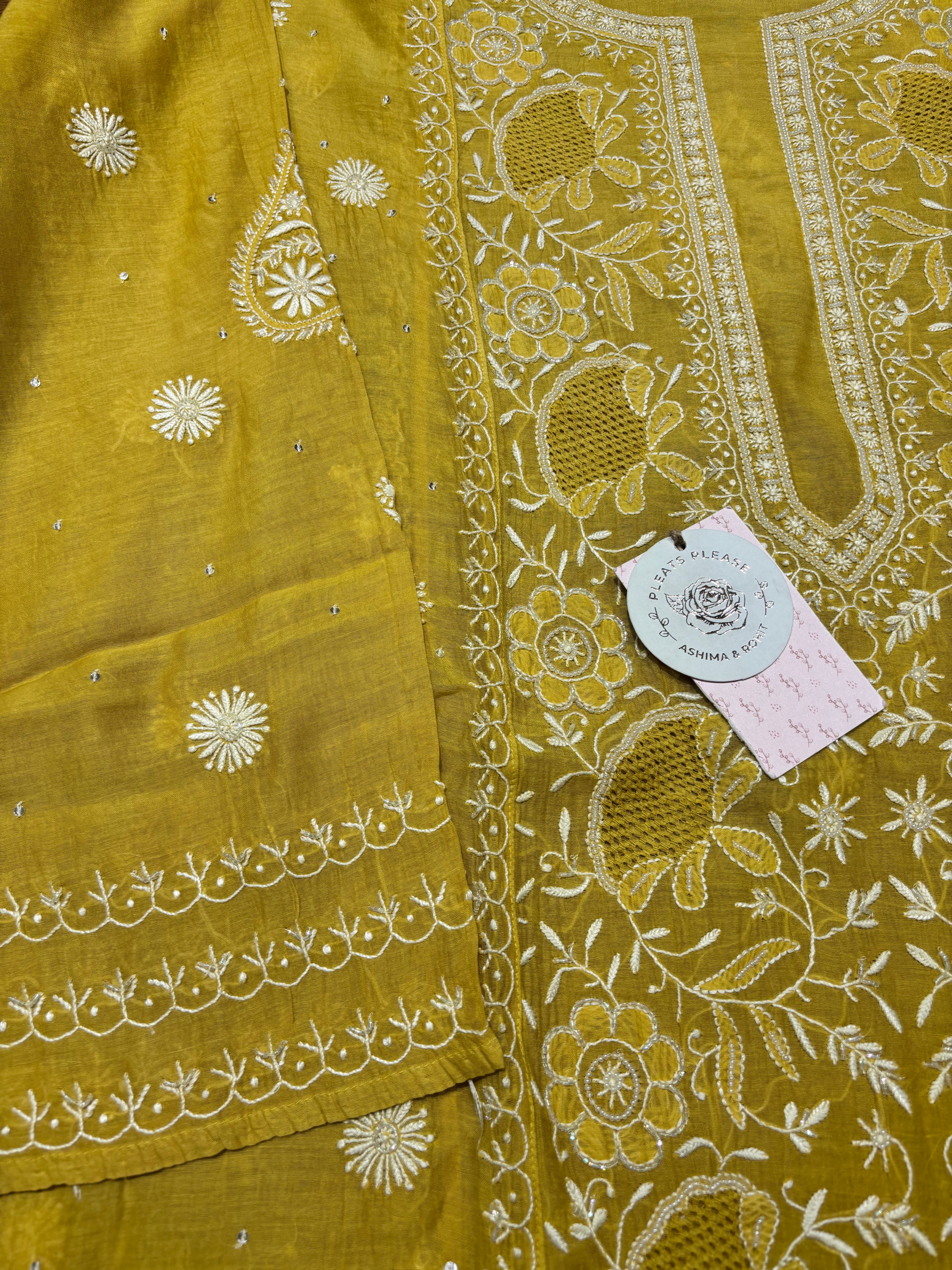 Mustard Chanderi Mul Chikankari Kurta and Dupatta Set