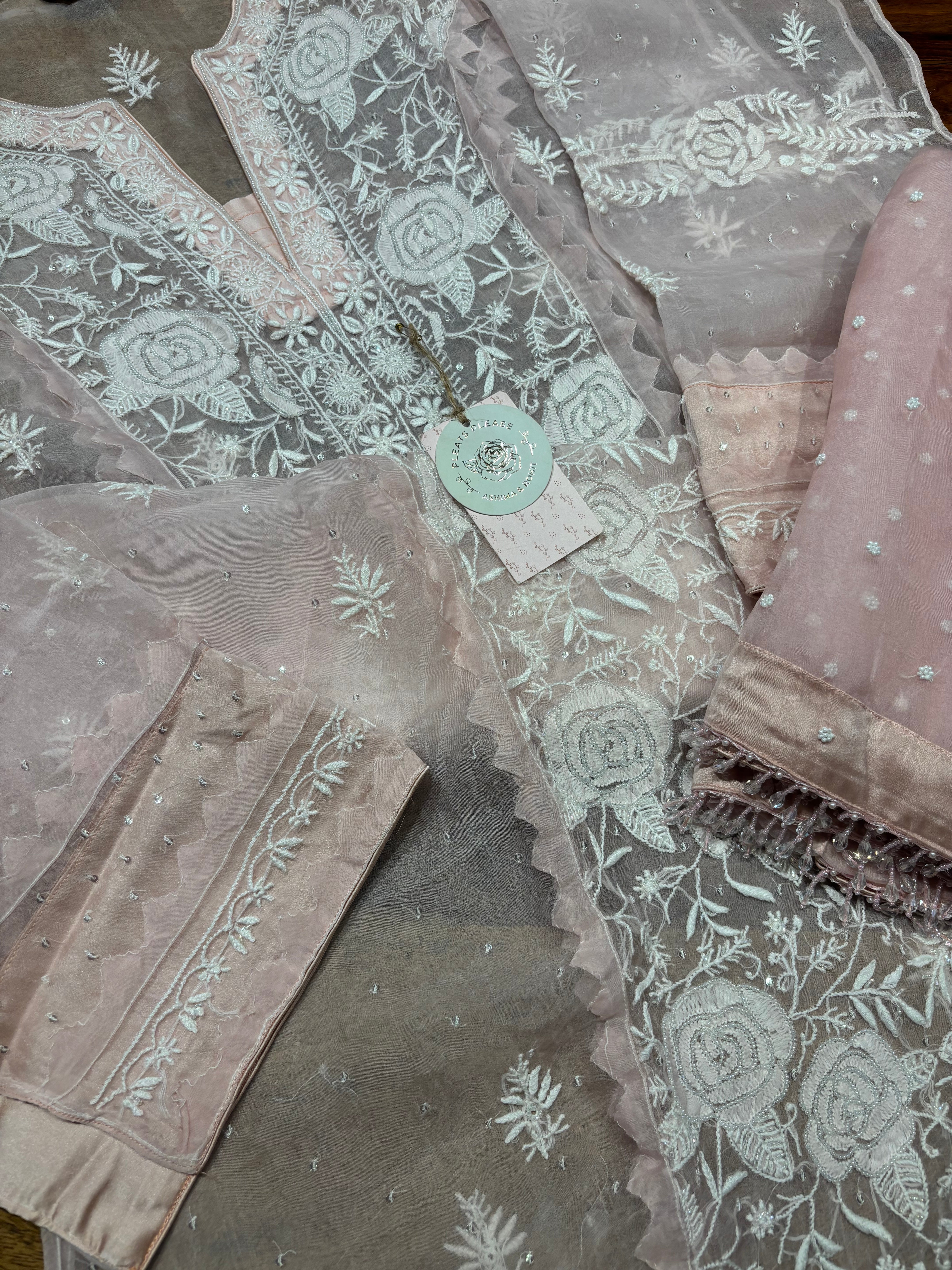 Soft Pink Pure & Premium Organza Chikankari Kurta & Dupatta Set