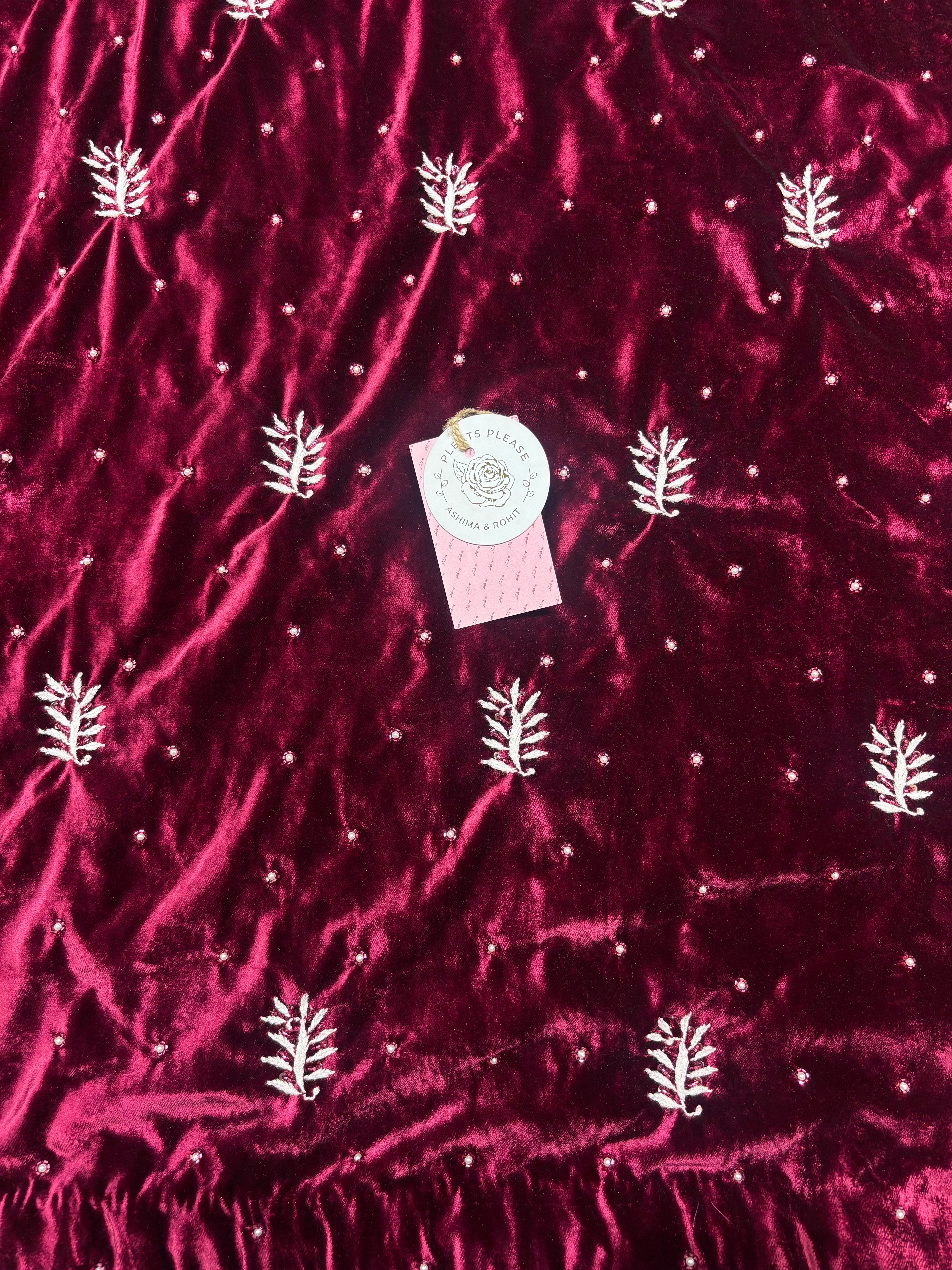 Plum Pure Velvet Chikankari Kurta And Dupatta Set
