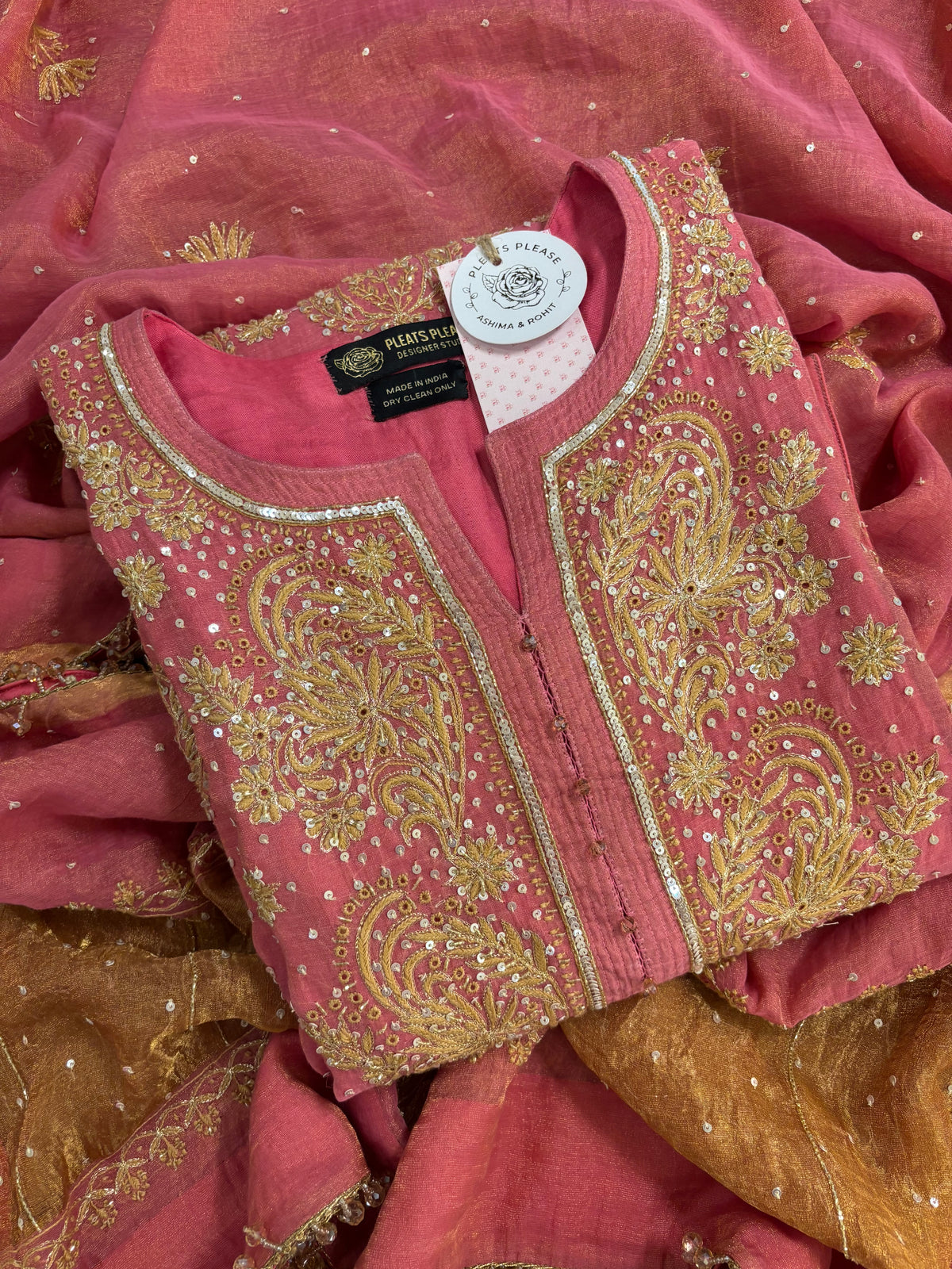 Rose Pink Pure & Premium Tissue Chikankari Kurta & Dupatta