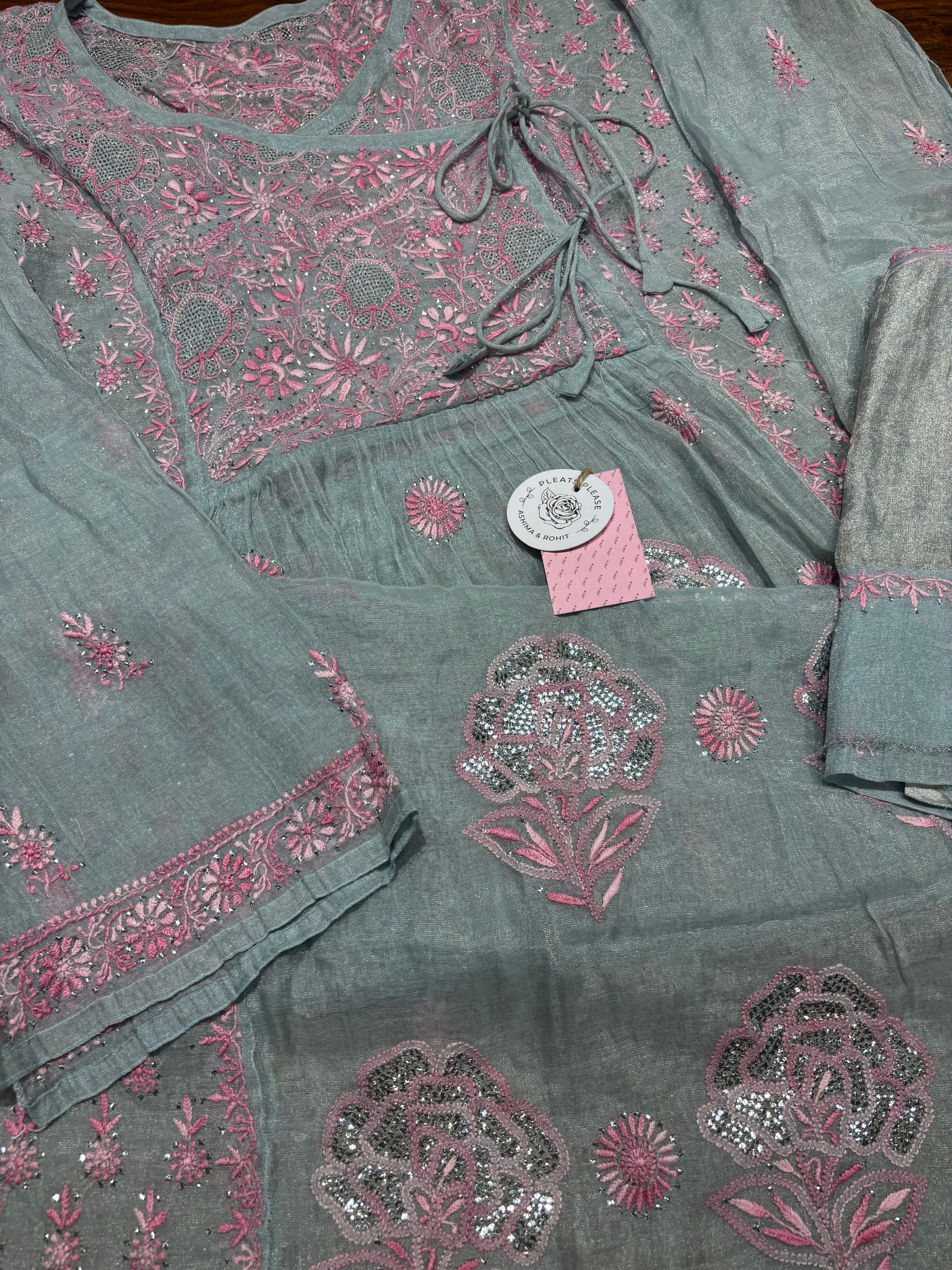 Powder Blue Pure and Premium Tissue Chikankari &Mukaish Angrakha  Kurta and Dupatta Set