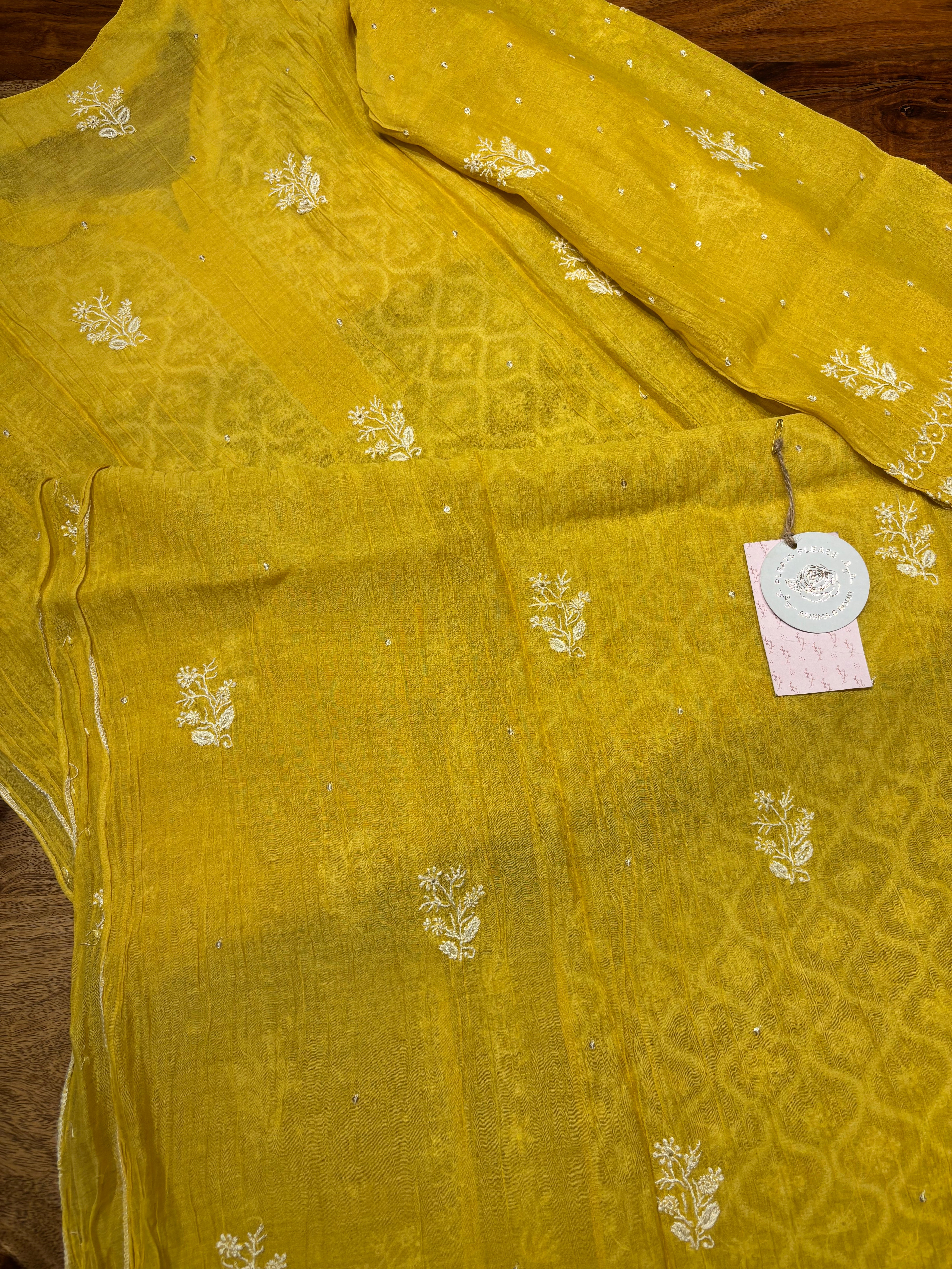 Yellow Chanderi Mul Chikankari kalidar Kurta and Dupatta set