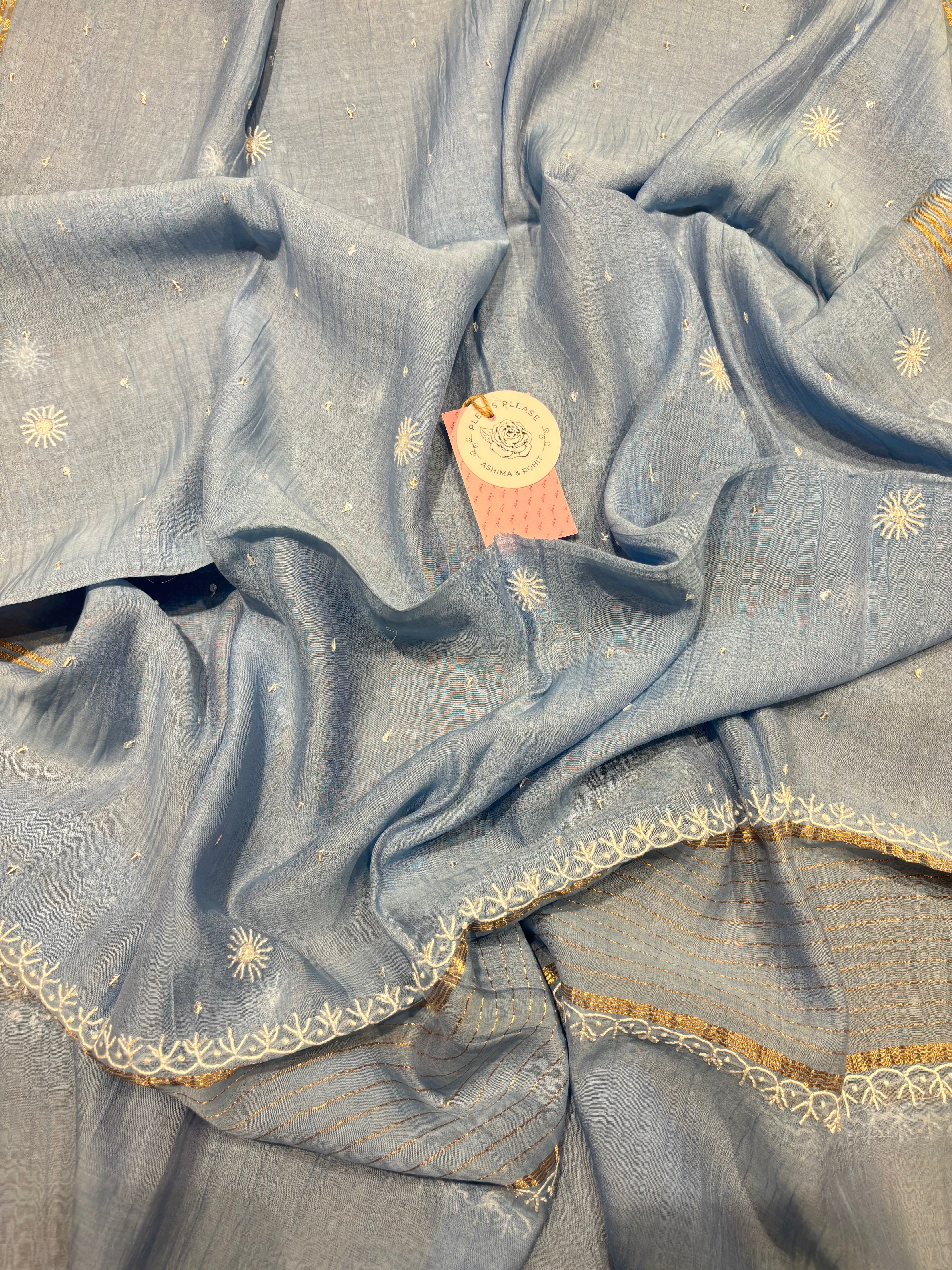 Blue Chanderi Mul Chikankari Kurta & Dupatta Set