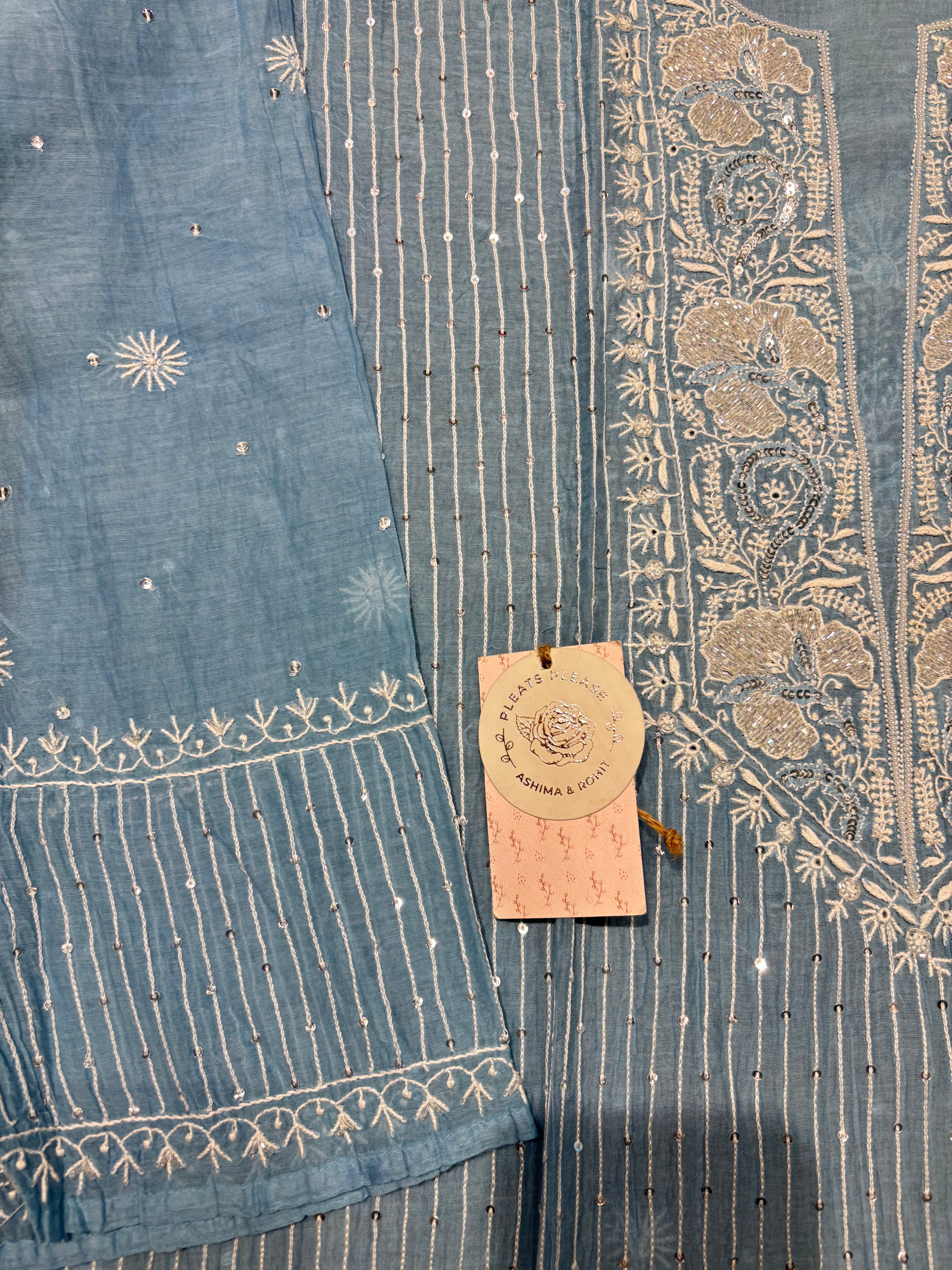 Powder Blue chanderi Mul Chikankari Kurta and Dupatta Set