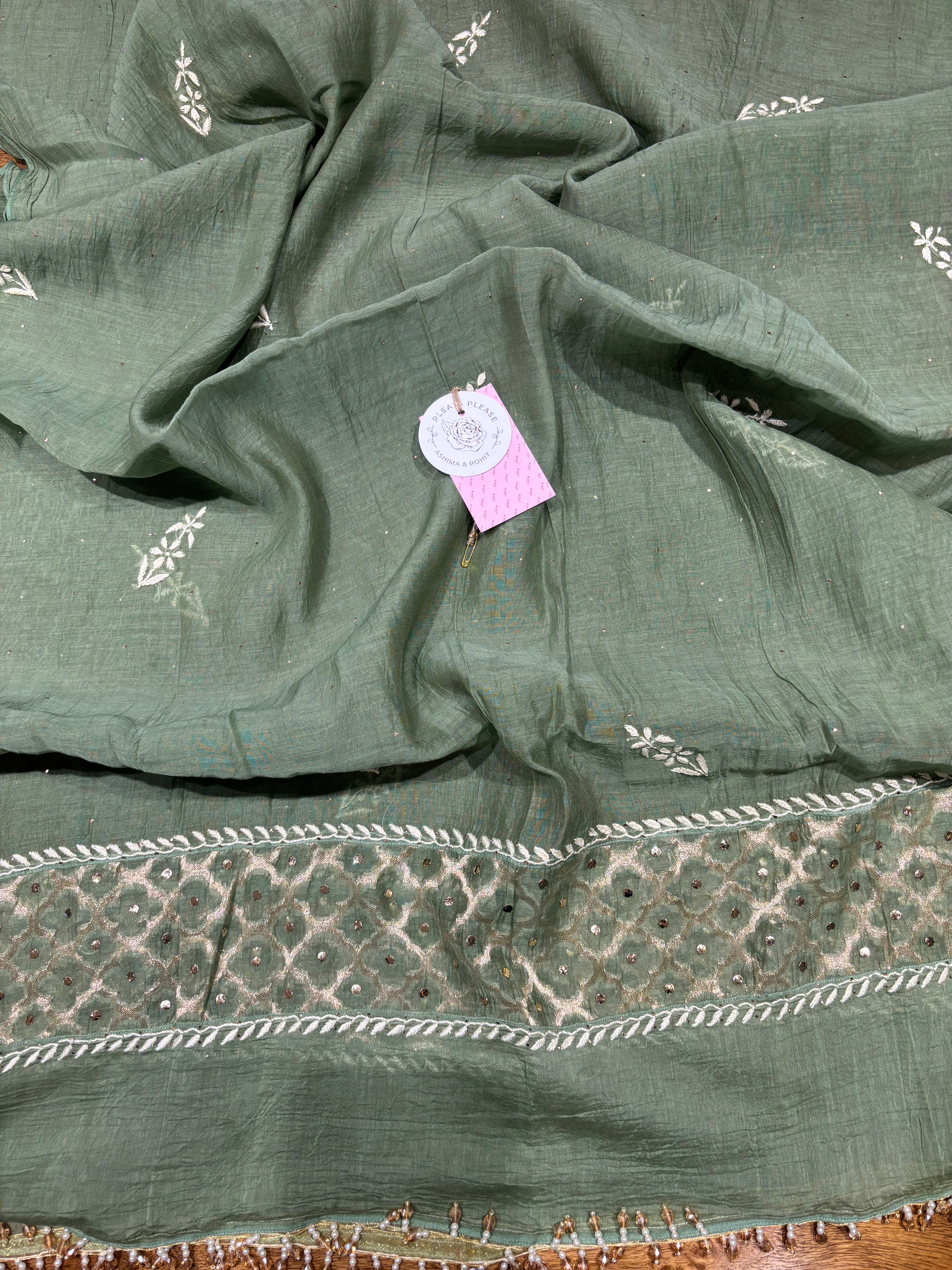 Olive Green Chanderi Mul Chikankari & Mukaish Anarkali & Dupatta Set