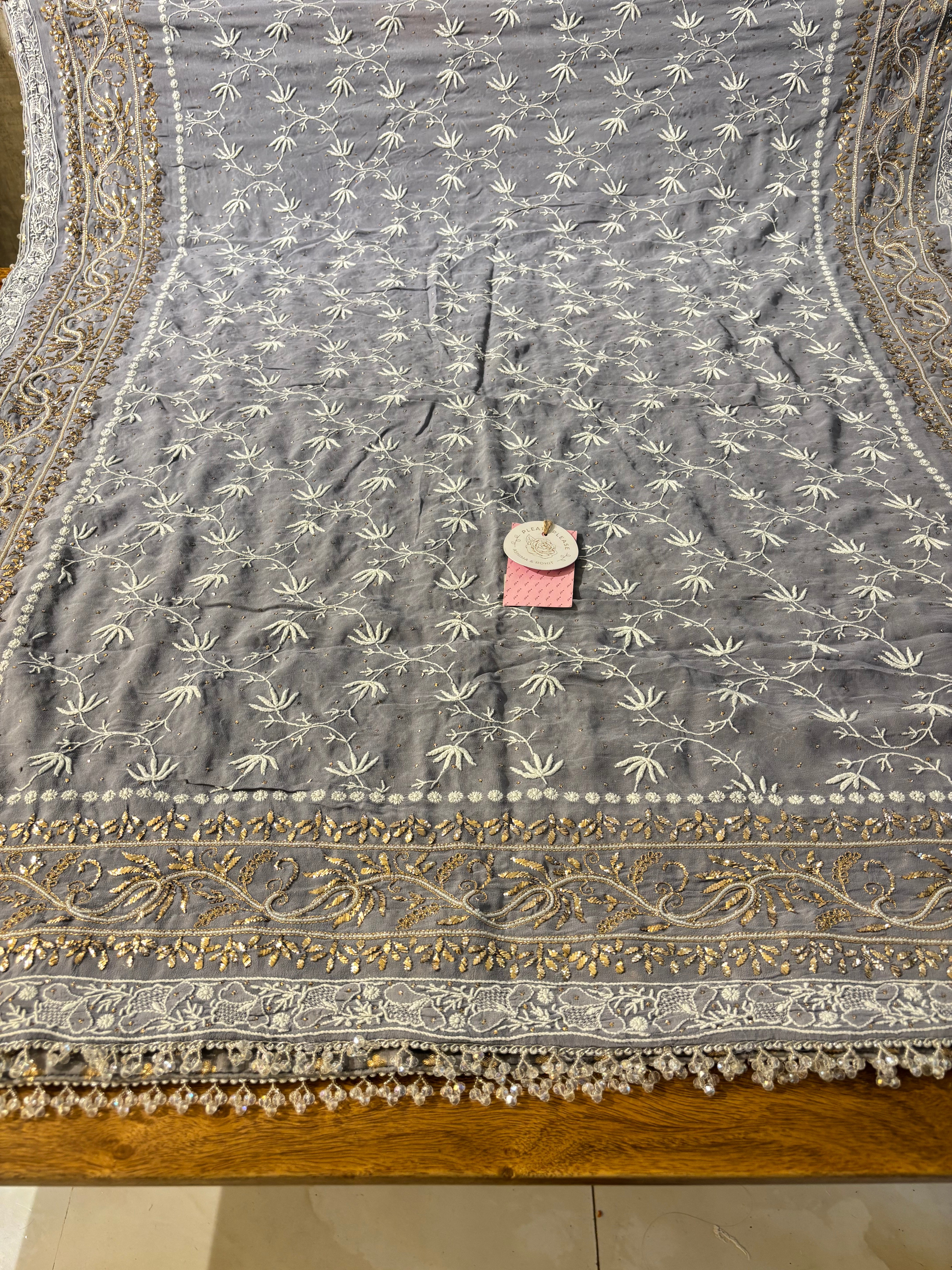 Greyish Powder Blue Pure Georgette Chikankari Mukaish Kurta & Dupatta