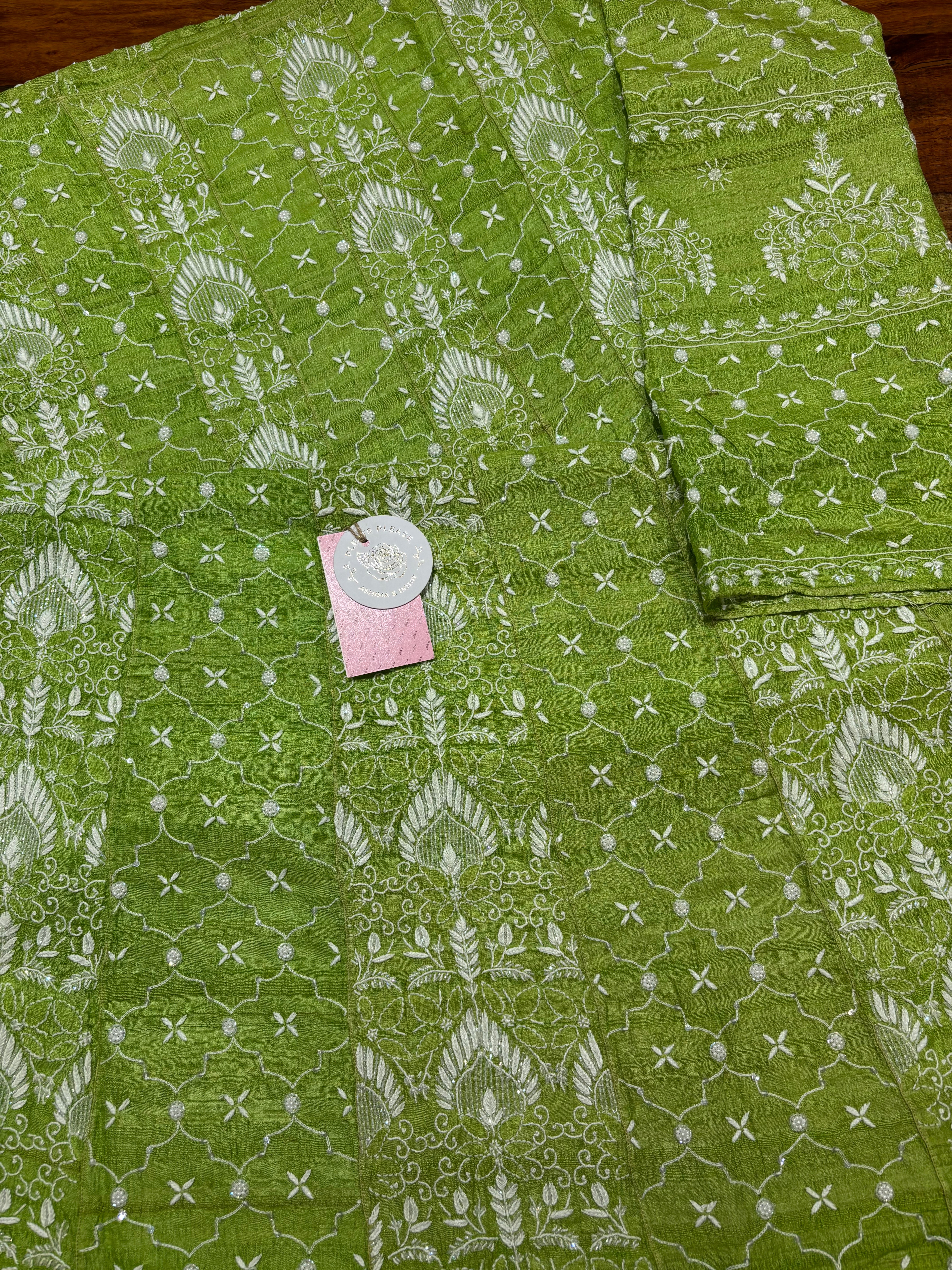 Green Tussar Silk Chikankari Anarkali and Dupatta Set