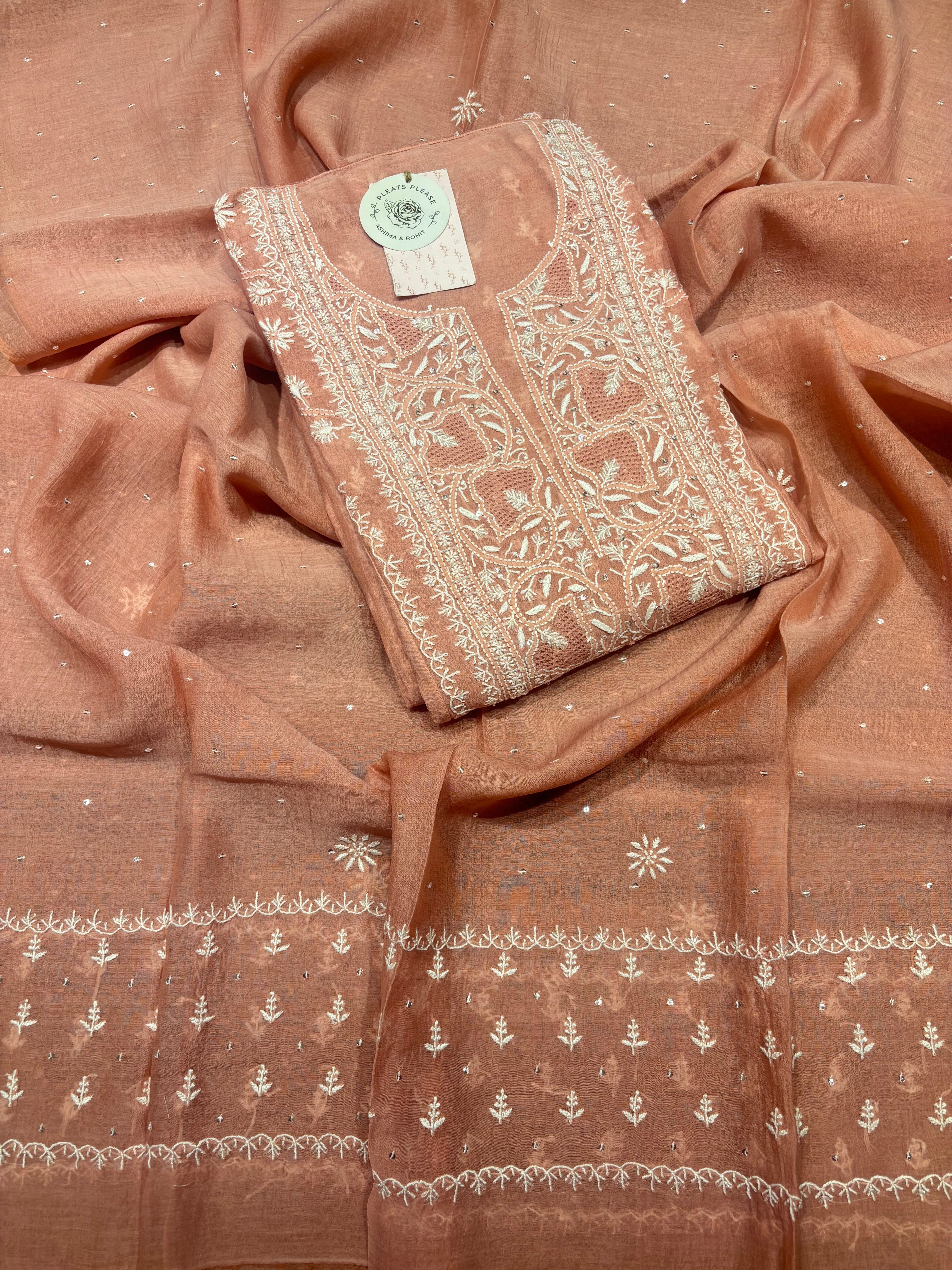 Rosegold Chanderi Mul Chikankari Anarkali & Dupatta Set