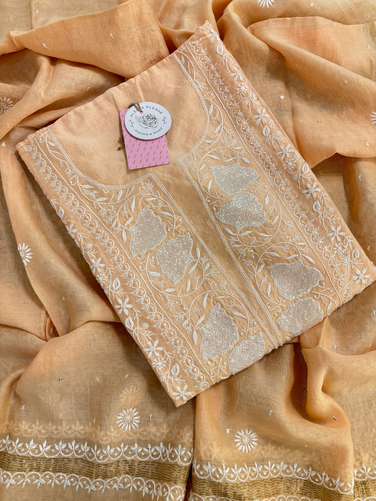 Gold Cream Chanderi Chikankari Kurta & Dupatta