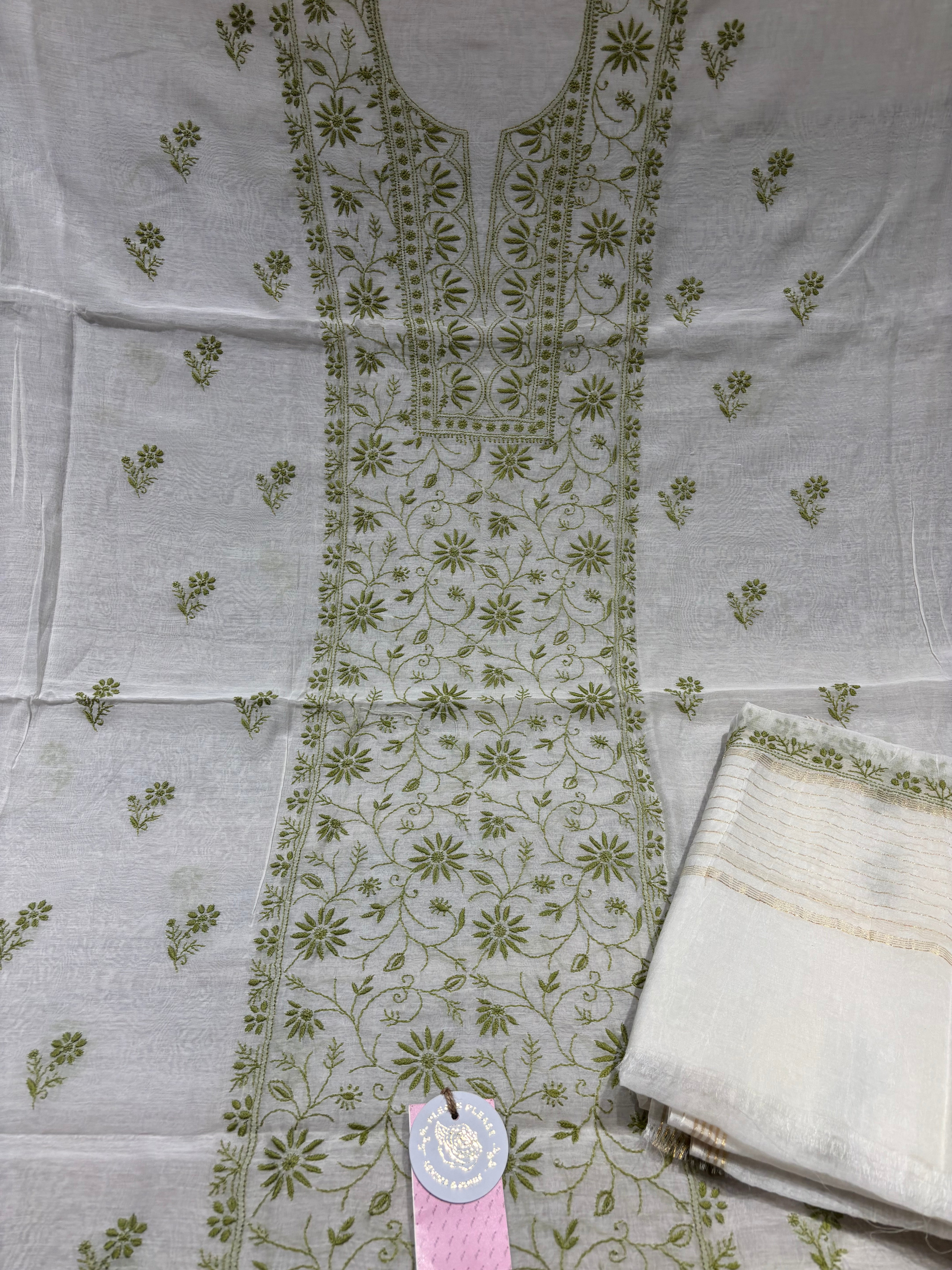 Dyeable Chanderi Mul Chikankari Kurta and Dupatta Fabric