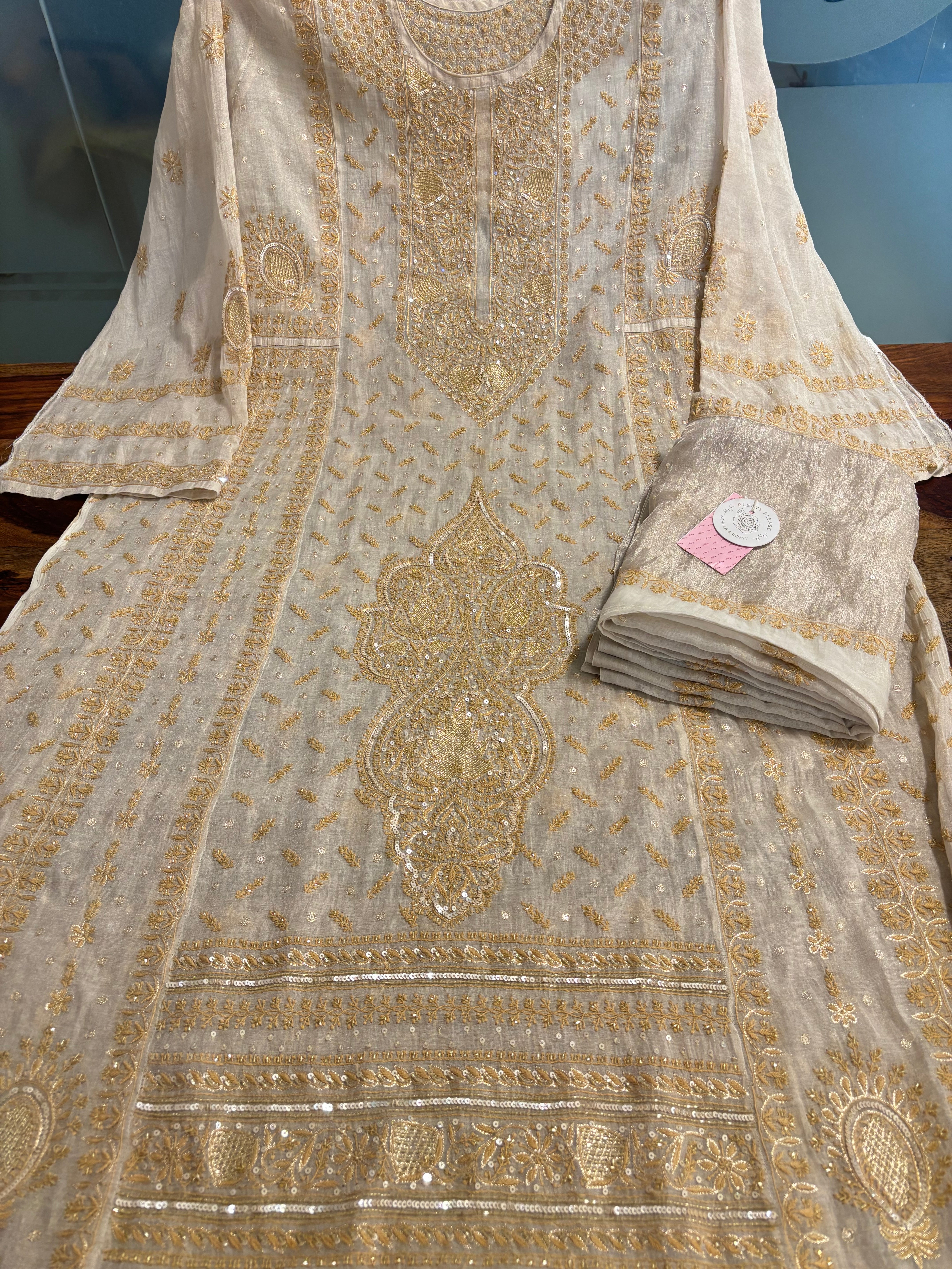 Dyeable Pure & Premium Silver Tissue Chikankari Kurta & Dupatta - Pleats PleaseChikankari