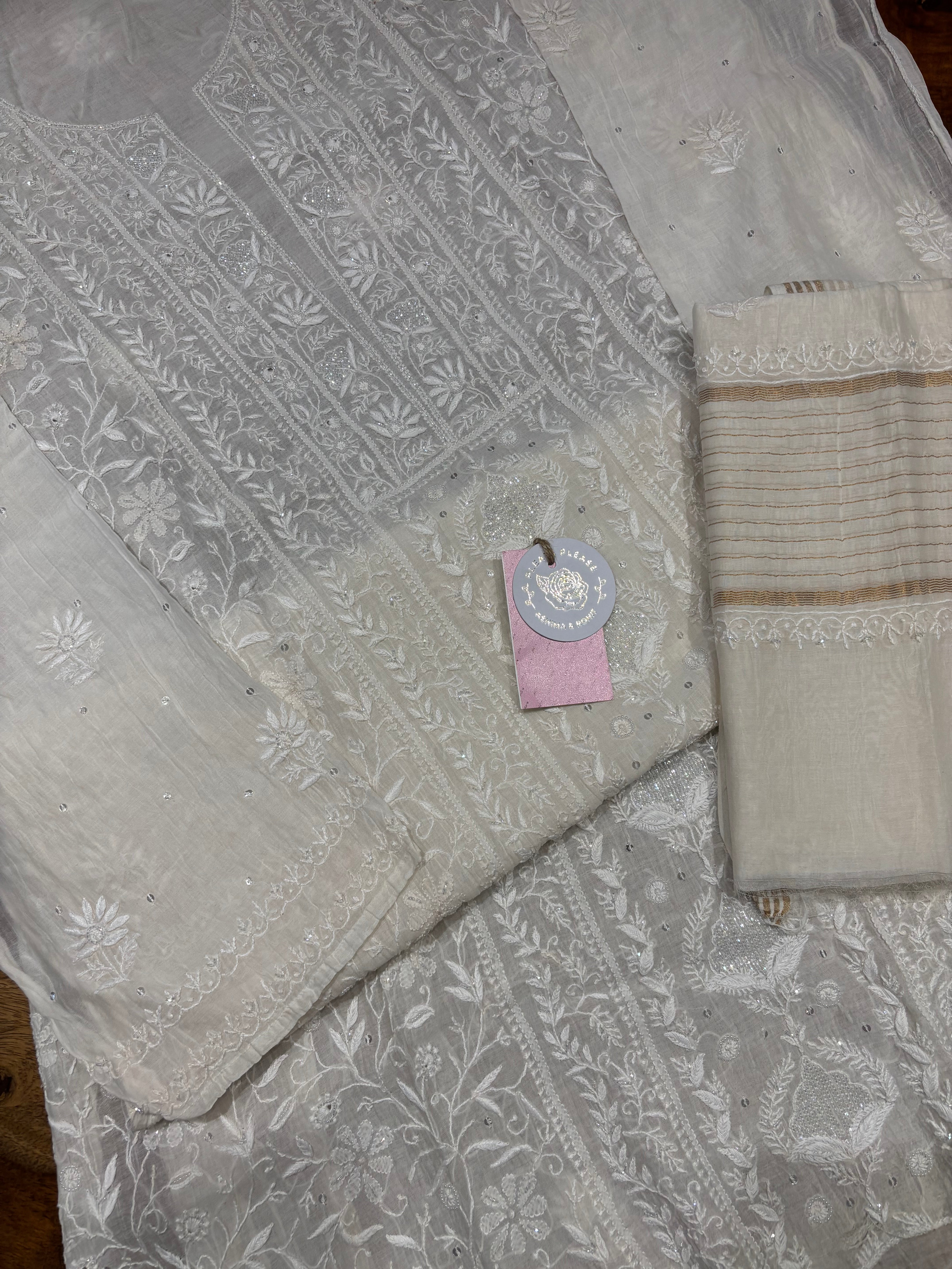 Dyeable Chanderi Mul Chikankari Kurta and Dupatta Set