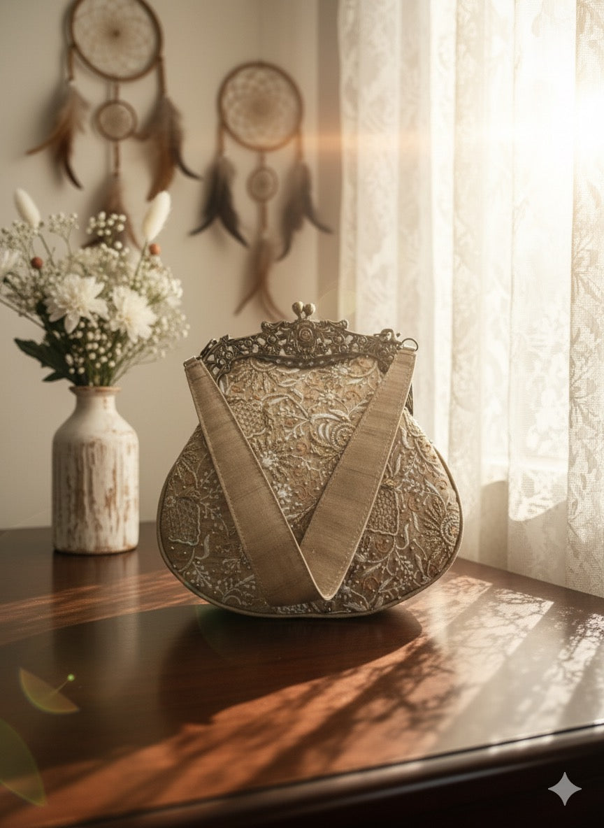Beige Chikankari Clutch Bag