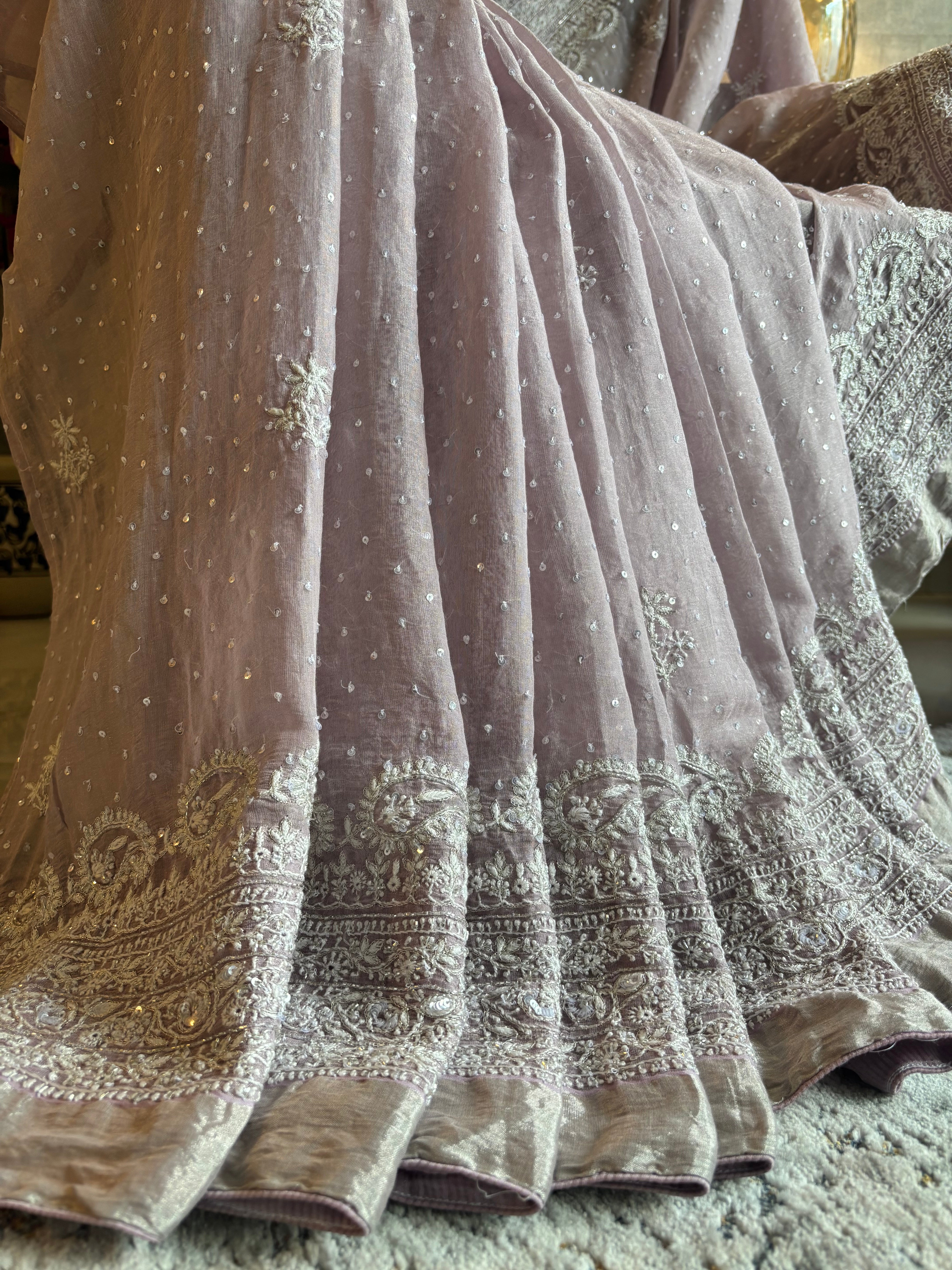 Lavender Pure and Premium Tissue Chikankari  Saree and Blouse