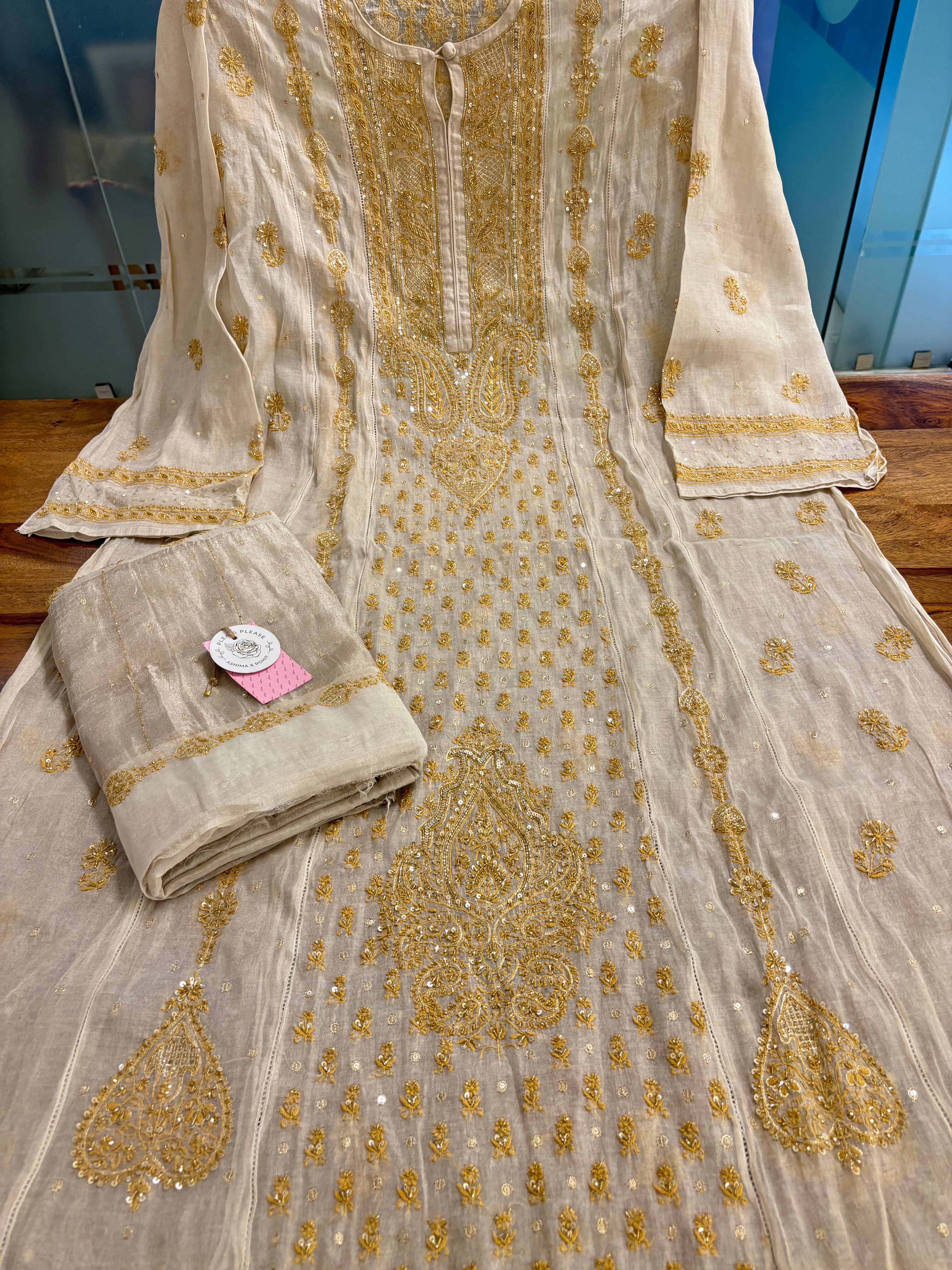 Dyeable Ivory Silver Pure & Premium Tissue Chikankari Kurta & Dupatta