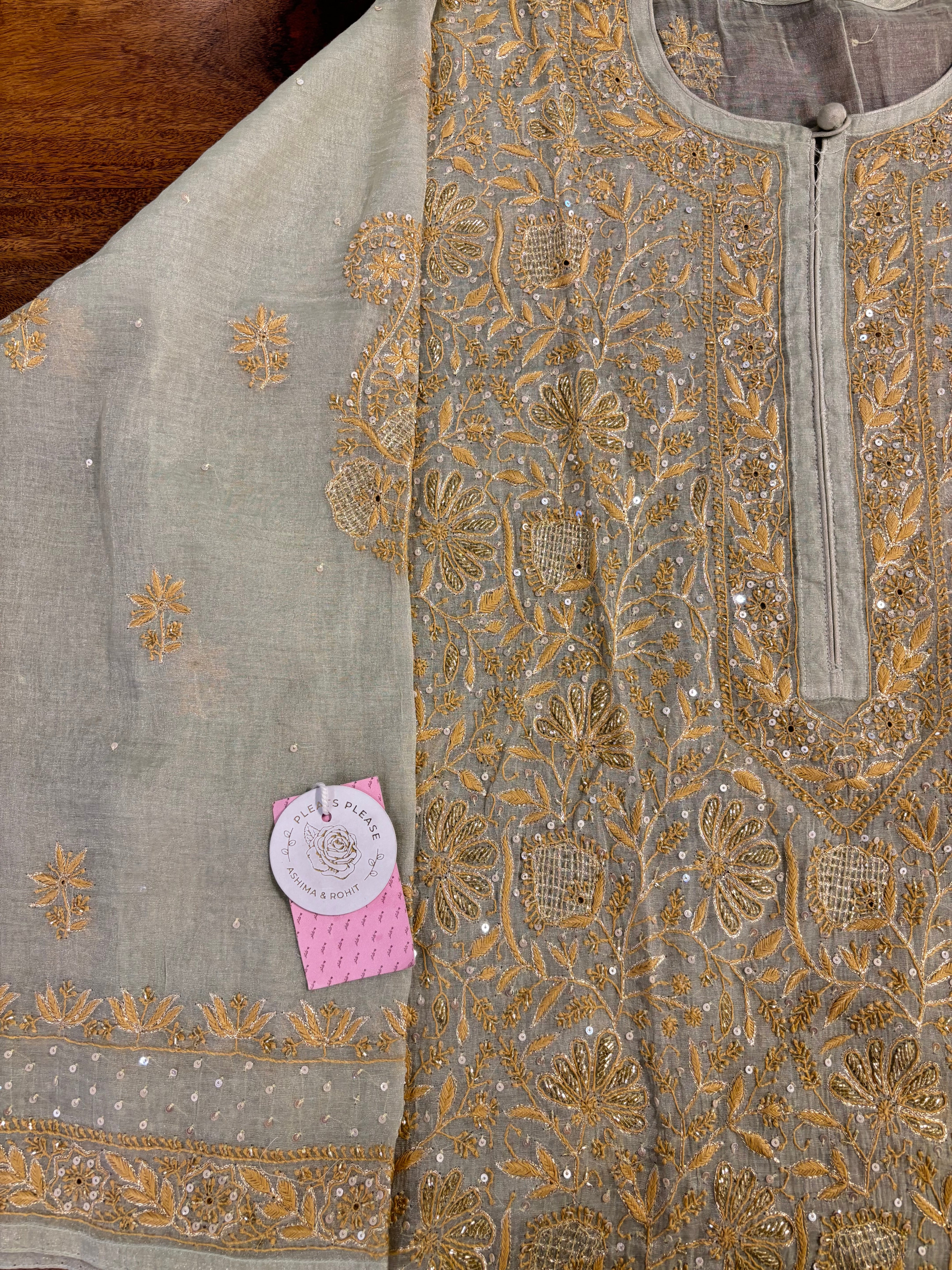 Pistachio Green Pure Tissue Chikankari Kurta & Dupatta - Pleats PleaseChikankari
