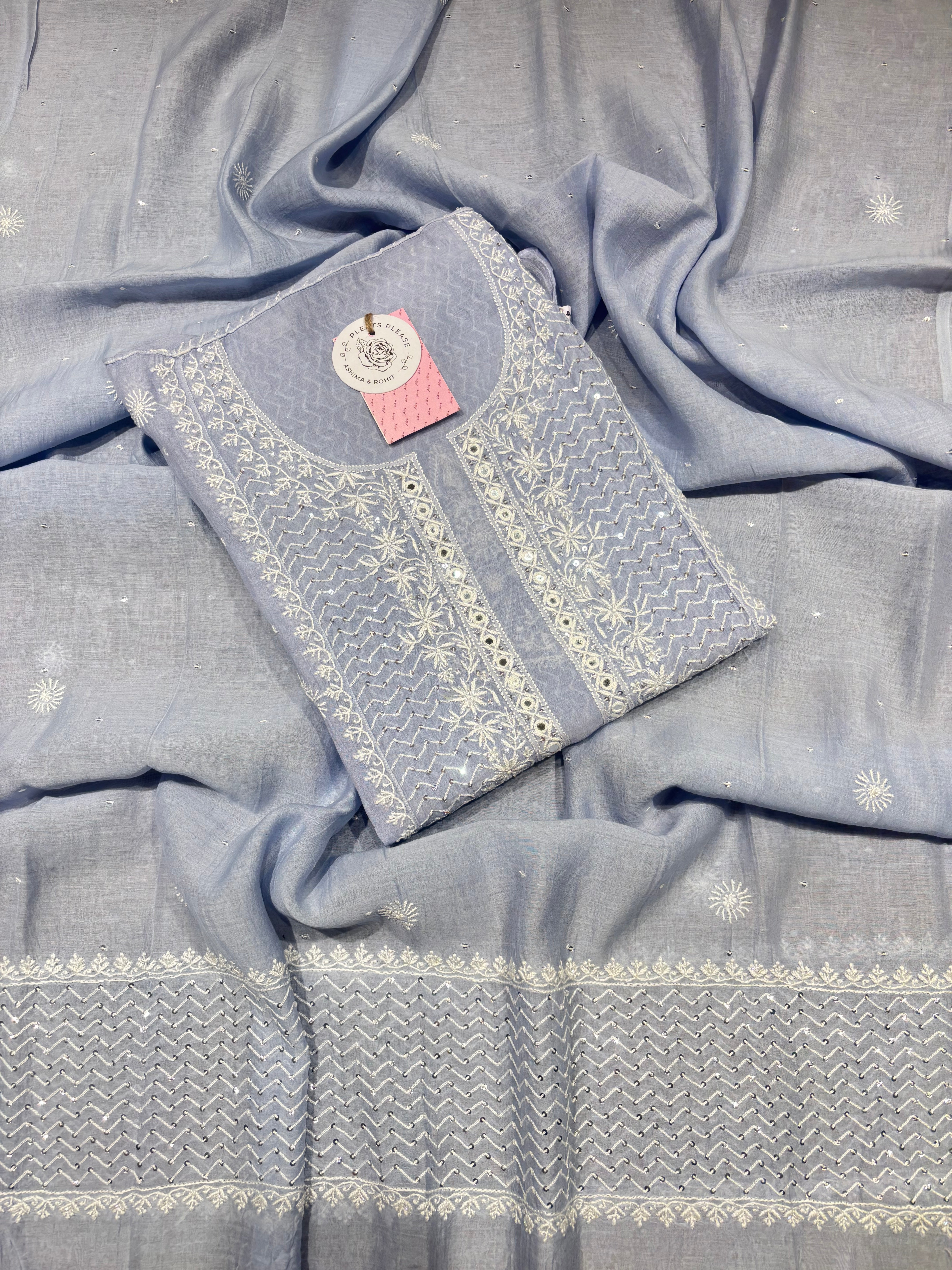 Powder Blue Chanderi Mul Chikankari Kurta & Dupatta Set