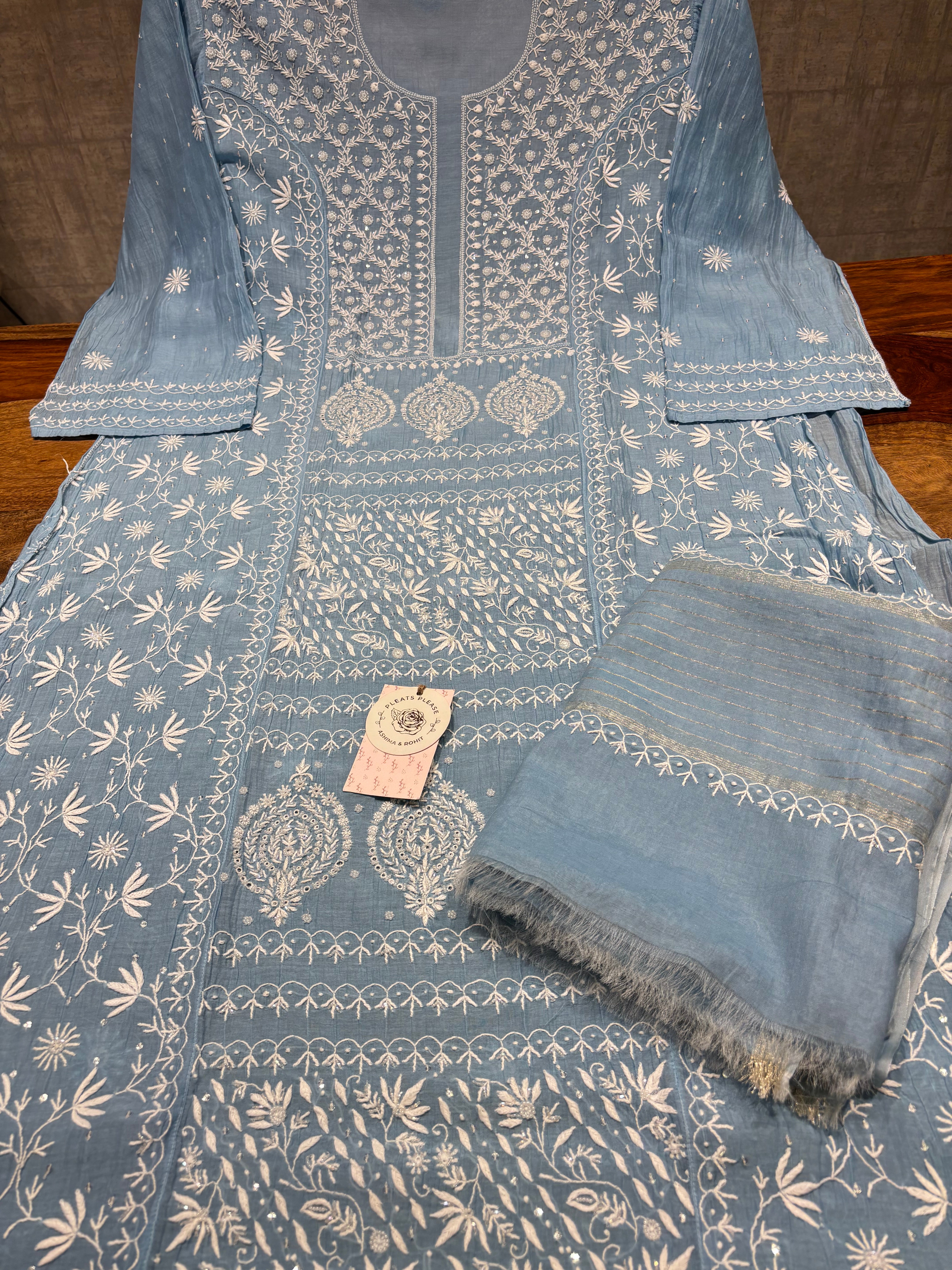 Powder Blue Chanderi Mul Chikankari Kurta & Dupatta Set